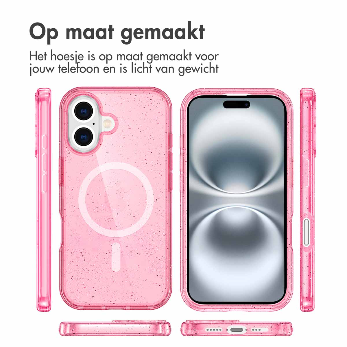 Roze glitterhoes, telefoon in hoesje, drie aanzichten, doorzichtige achterkant, roze achtergrond.