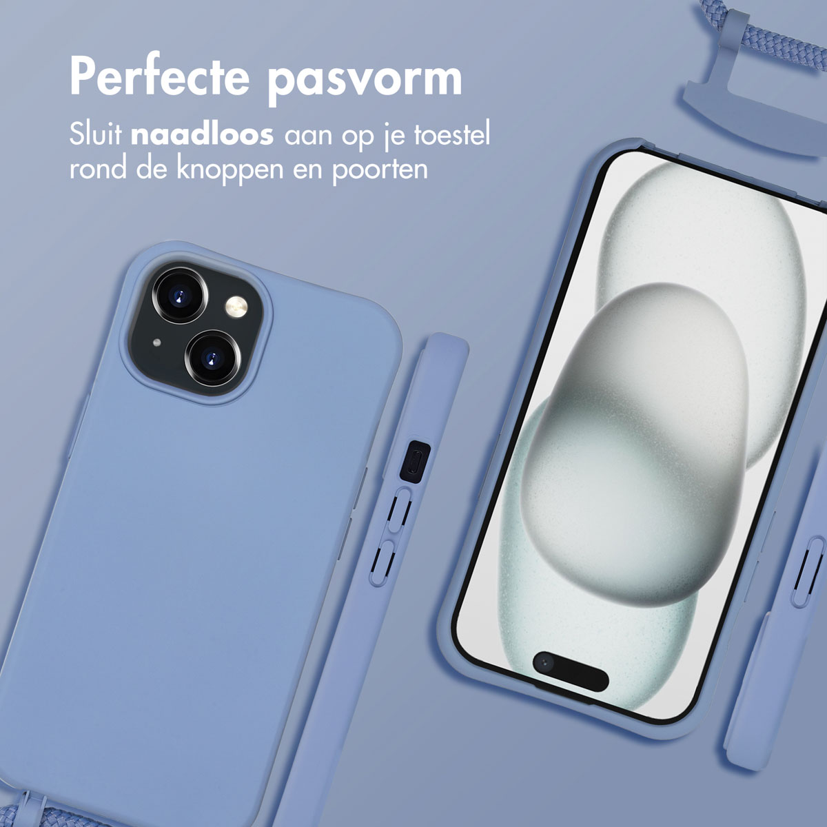 Blaue Handyhülle, Telefon innen, mit blauem Riemen.