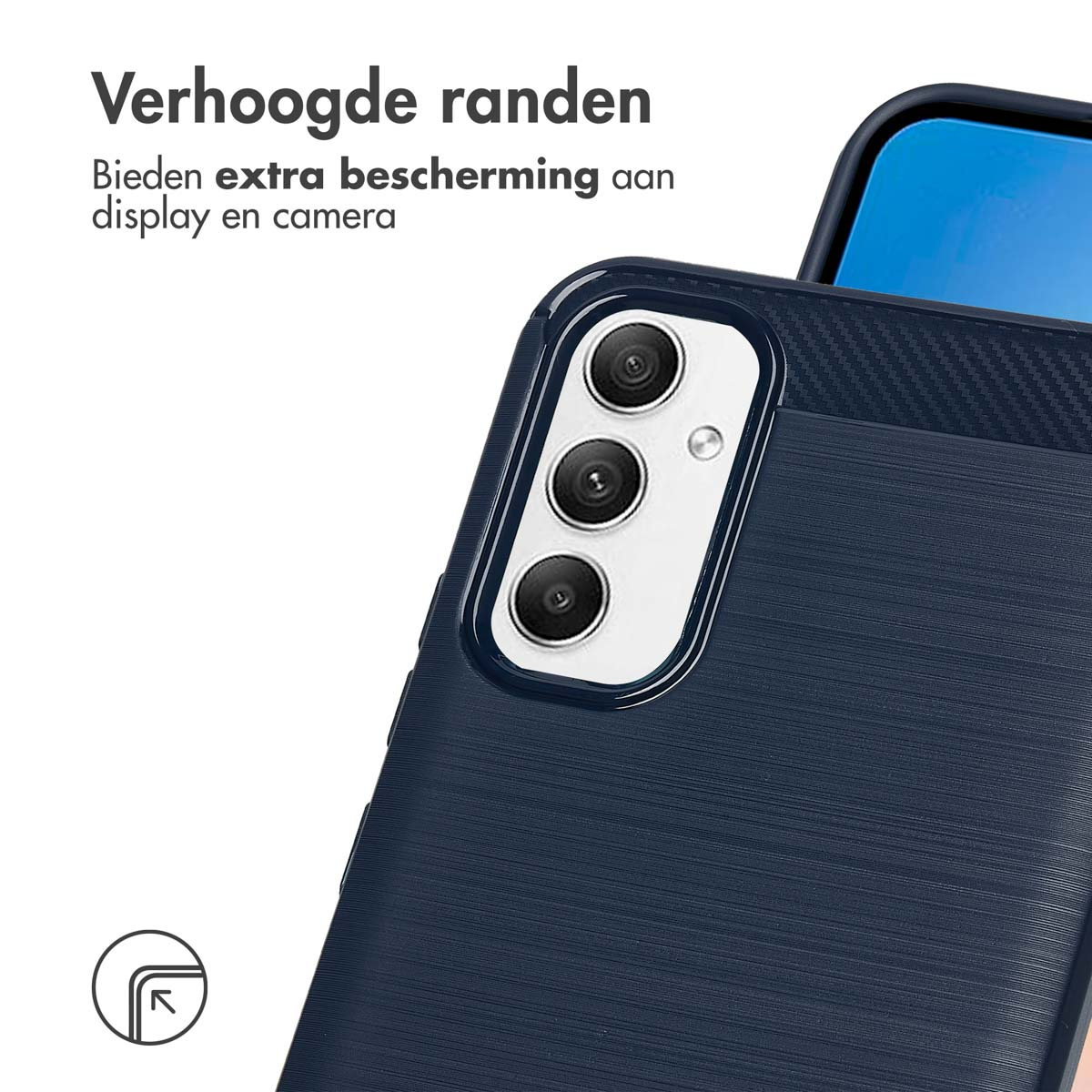 Una custodia per telefono blu con un design strutturato, che mostra la fotocamera del telefono. La custodia è su una superficie.