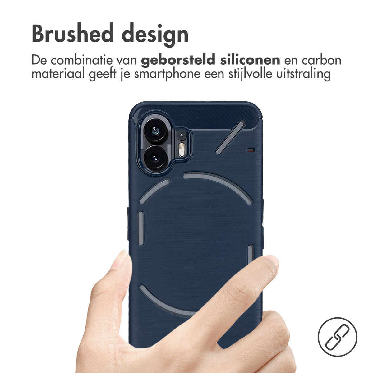 Custodia blu navy con una mano che la tiene. La custodia ha un design spazzolato.