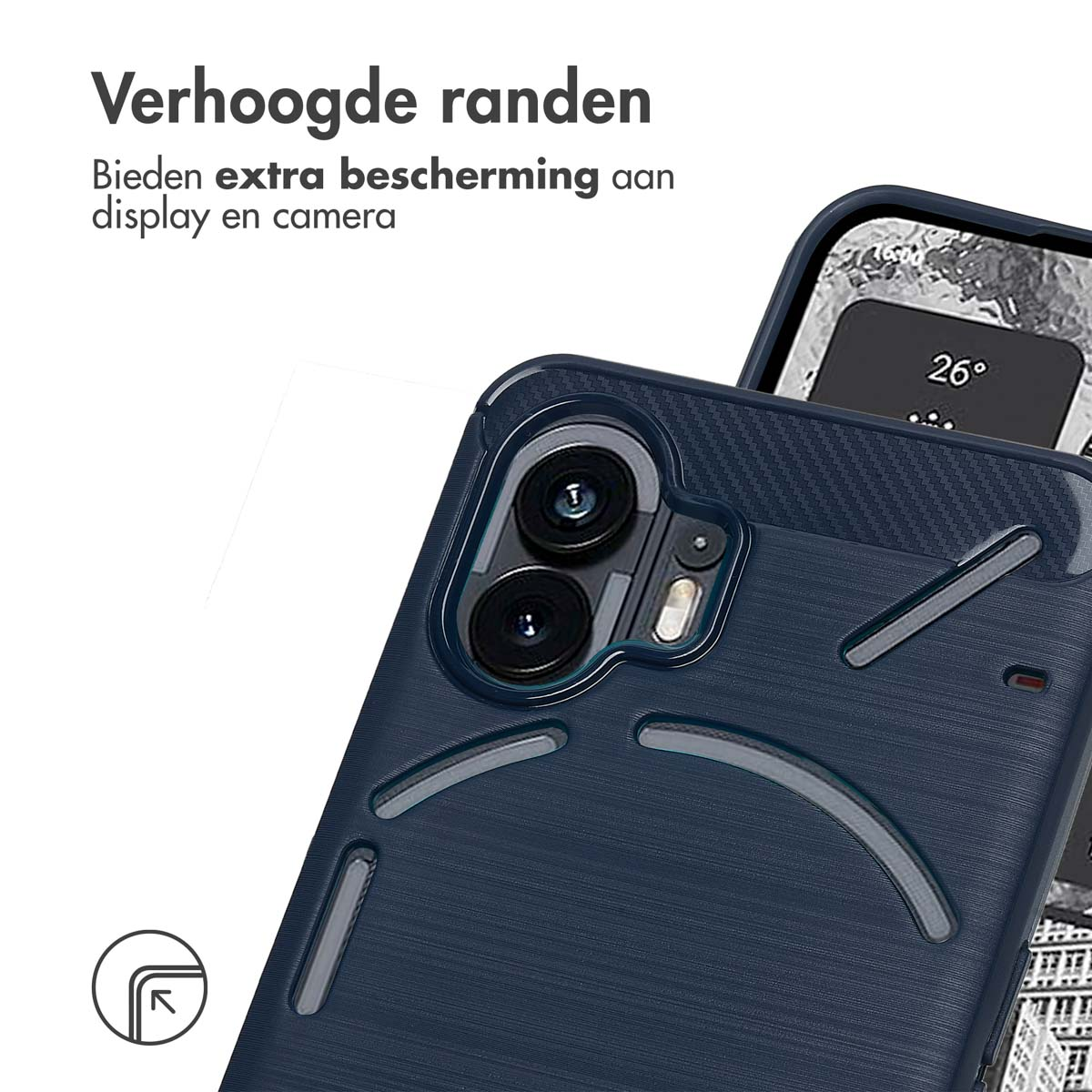 Primo piano di una custodia per telefono nera e blu navy con fotocamera e schermo visibili.