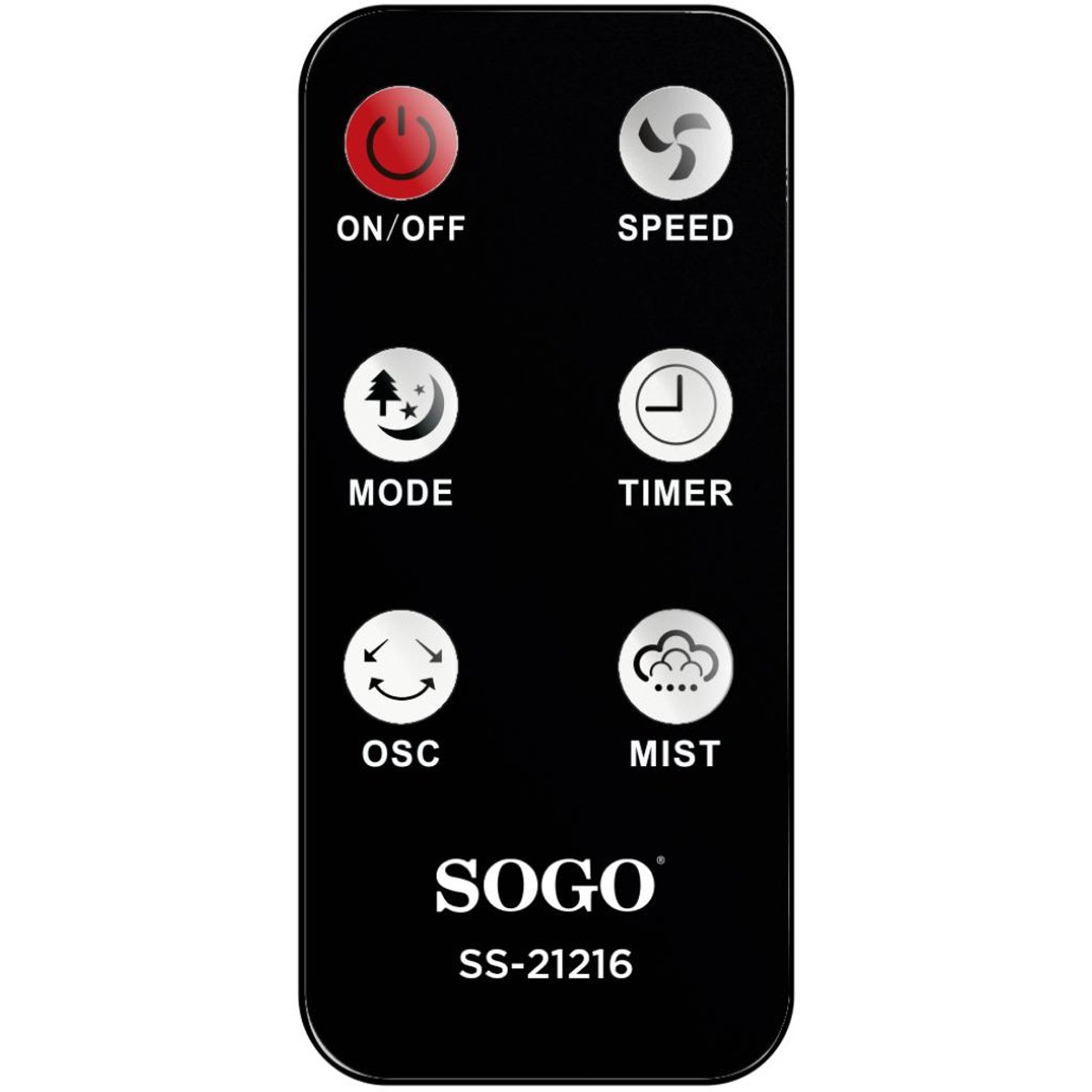 Czarny pilot z przyciskami oznaczonymi dla różnych funkcji.