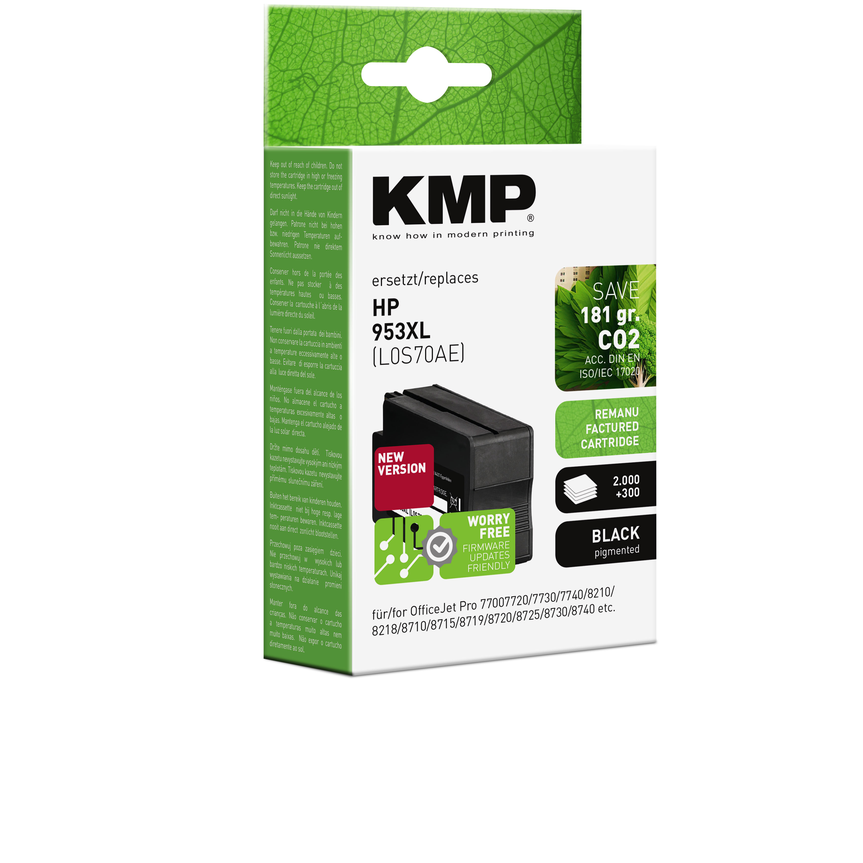 Cartuccia d'inchiostro nera KMP per HP 953XL. La cartuccia è nera e la confezione è bianca e verde.