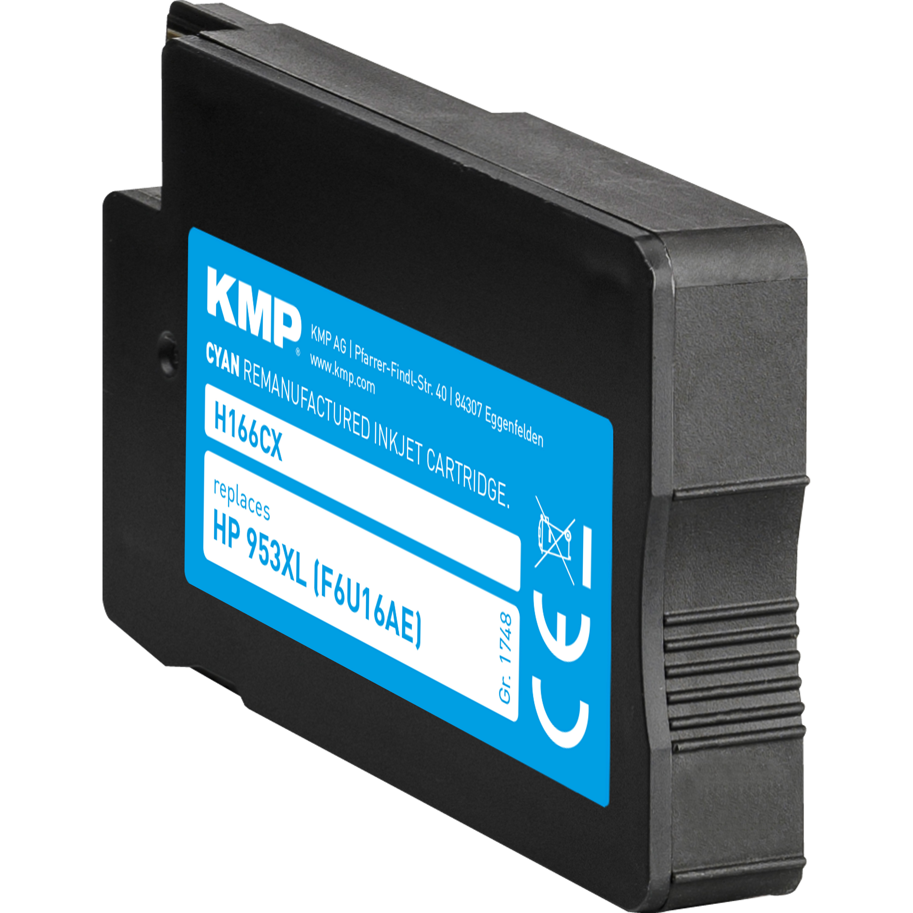Cartuccia d'inchiostro nera con etichetta blu. Il testo include KMP, ciano e HP 953XL.