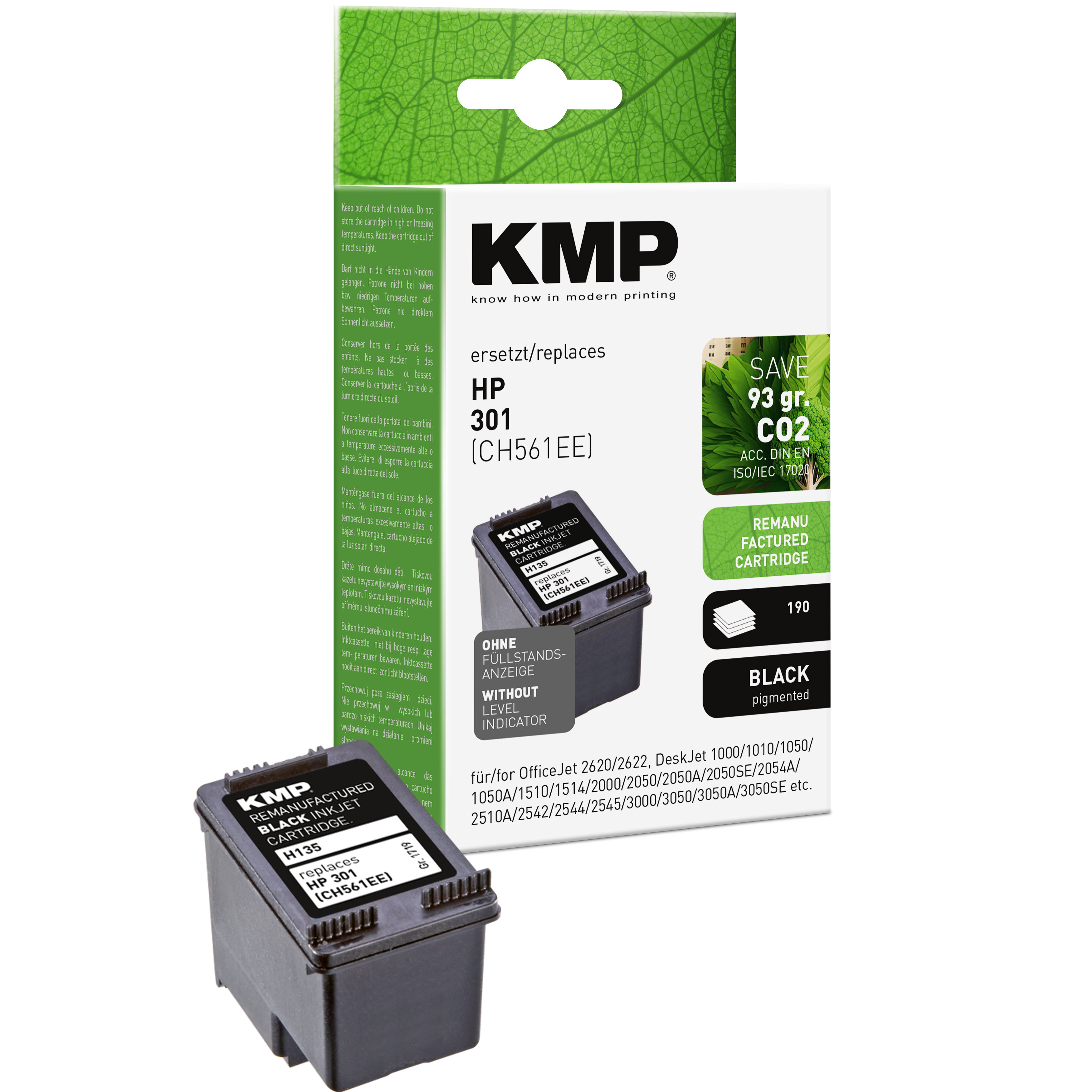 KMP HP 301 schwarze Tintenpatrone. Text: 'Wiederaufbereitete schwarze Tintenpatrone'.
