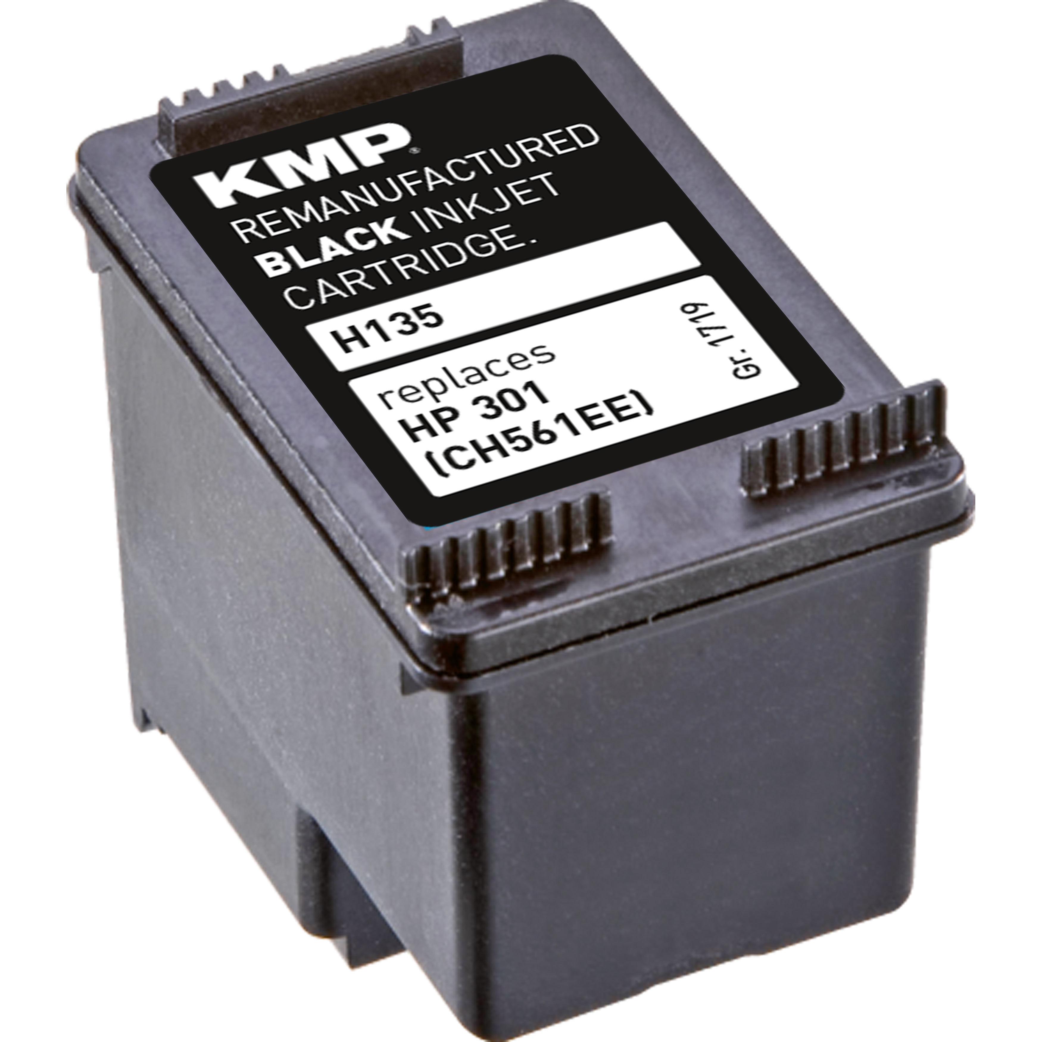 Schwarz KMP wiederaufbereitete schwarze Tintenpatrone, H135 ersetzt HP 301, mit schwarzer Tinte und Etikett.