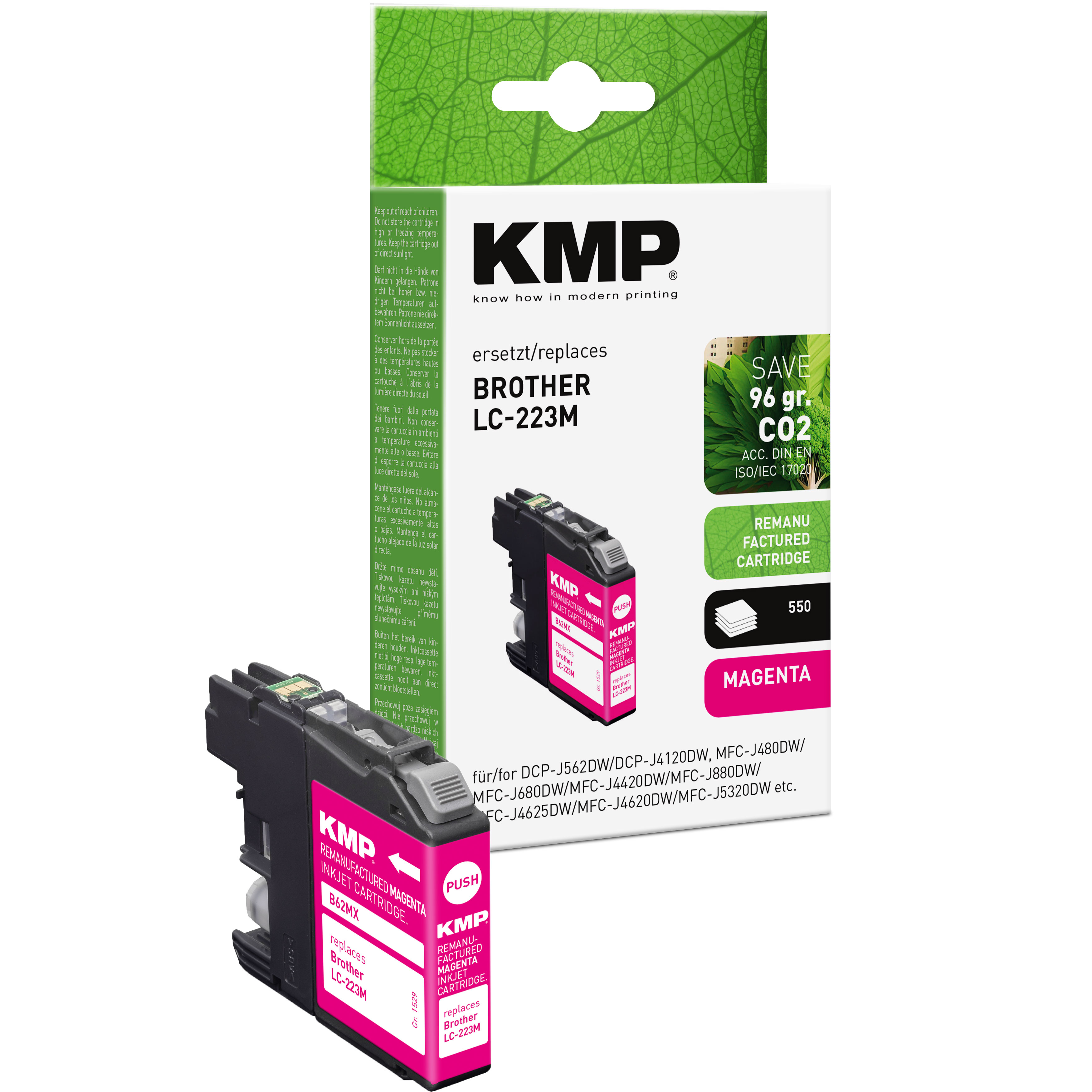 Cartuccia d'inchiostro magenta KMP Brother LC-223M. È in una scatola. La cartuccia è a sinistra.