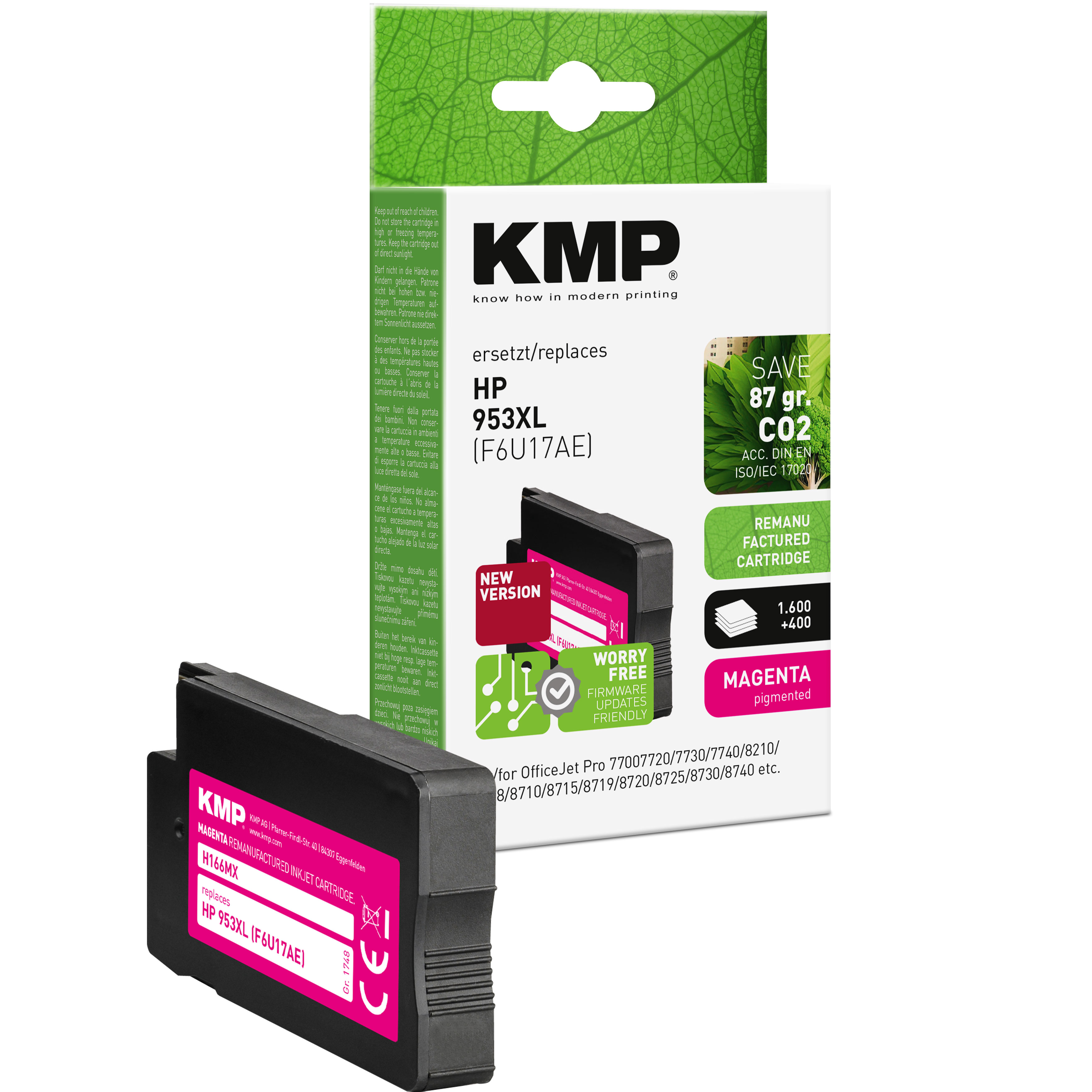Una cartuccia d'inchiostro magenta e la sua scatola. La scatola ha il logo KMP e dettagli magenta.
