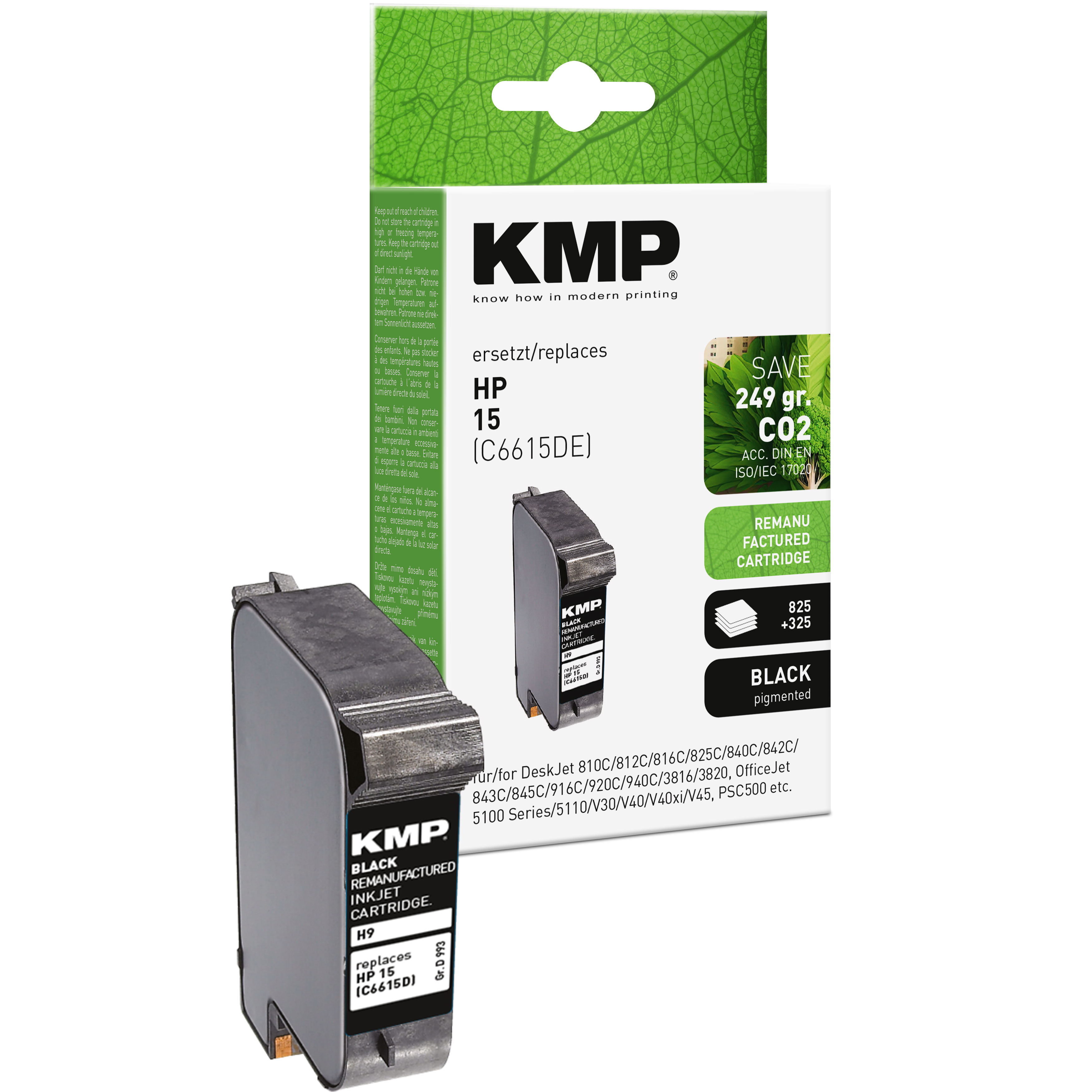 Cartuccia d'inchiostro nera KMP HP 15 (C6615DE), in confezione con specifiche e logo a foglia verde.