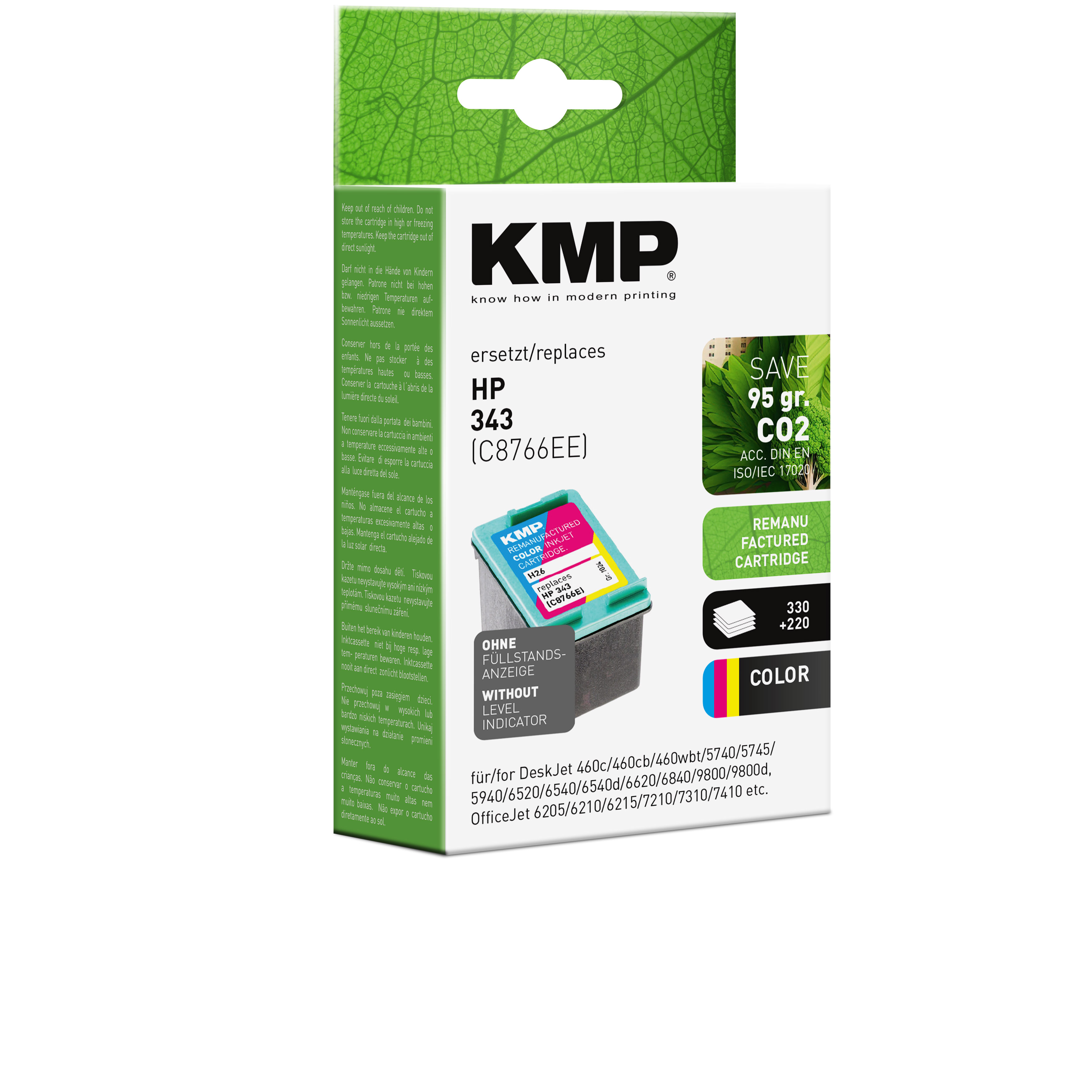 Scatola di cartucce d'inchiostro con logo KMP. Contiene cartucce rosa, ciano e gialle.
