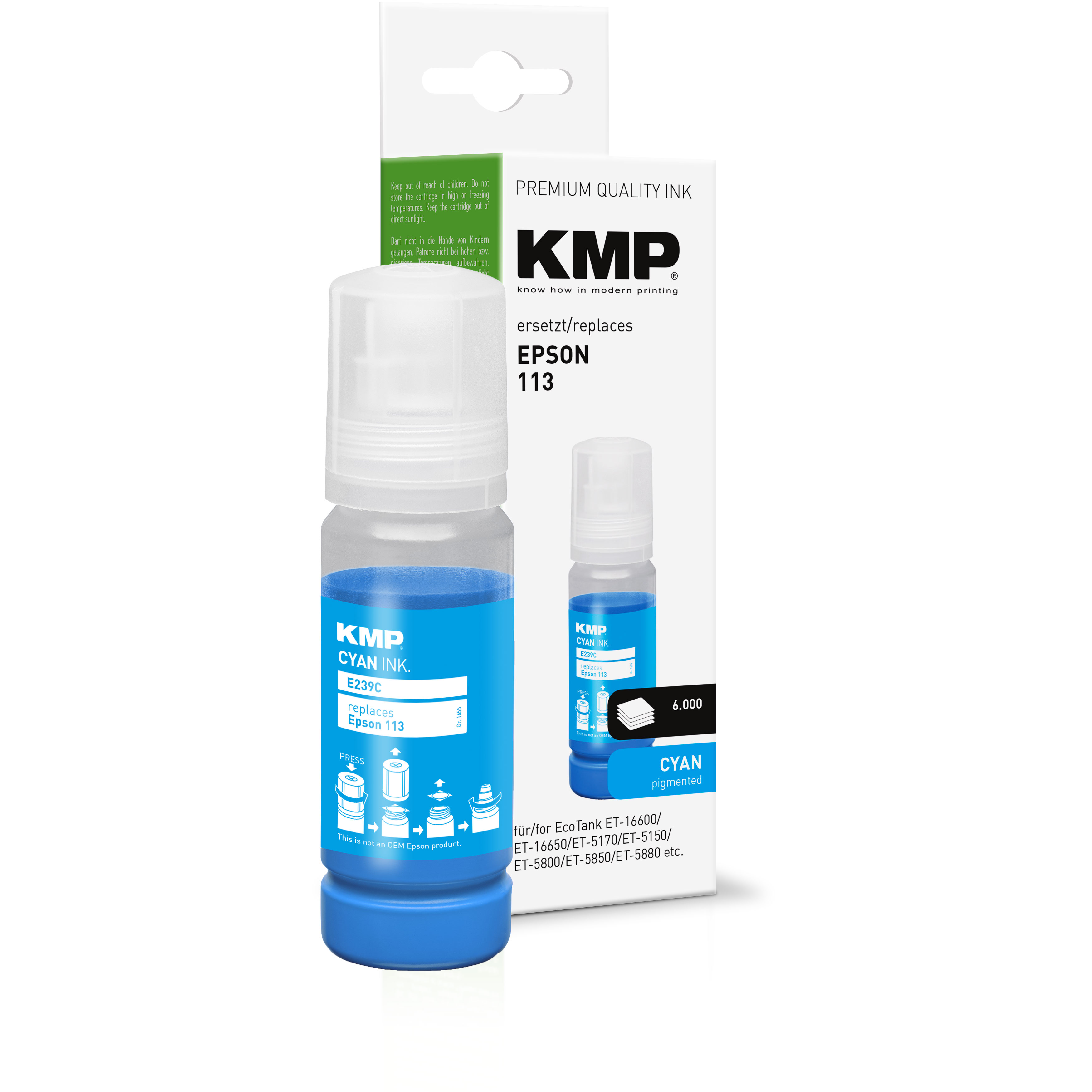 KMP Epson 113 Cyan-Tintenflasche mit Verpackung. Flasche und Box mit Cyan-Tinte gezeigt.