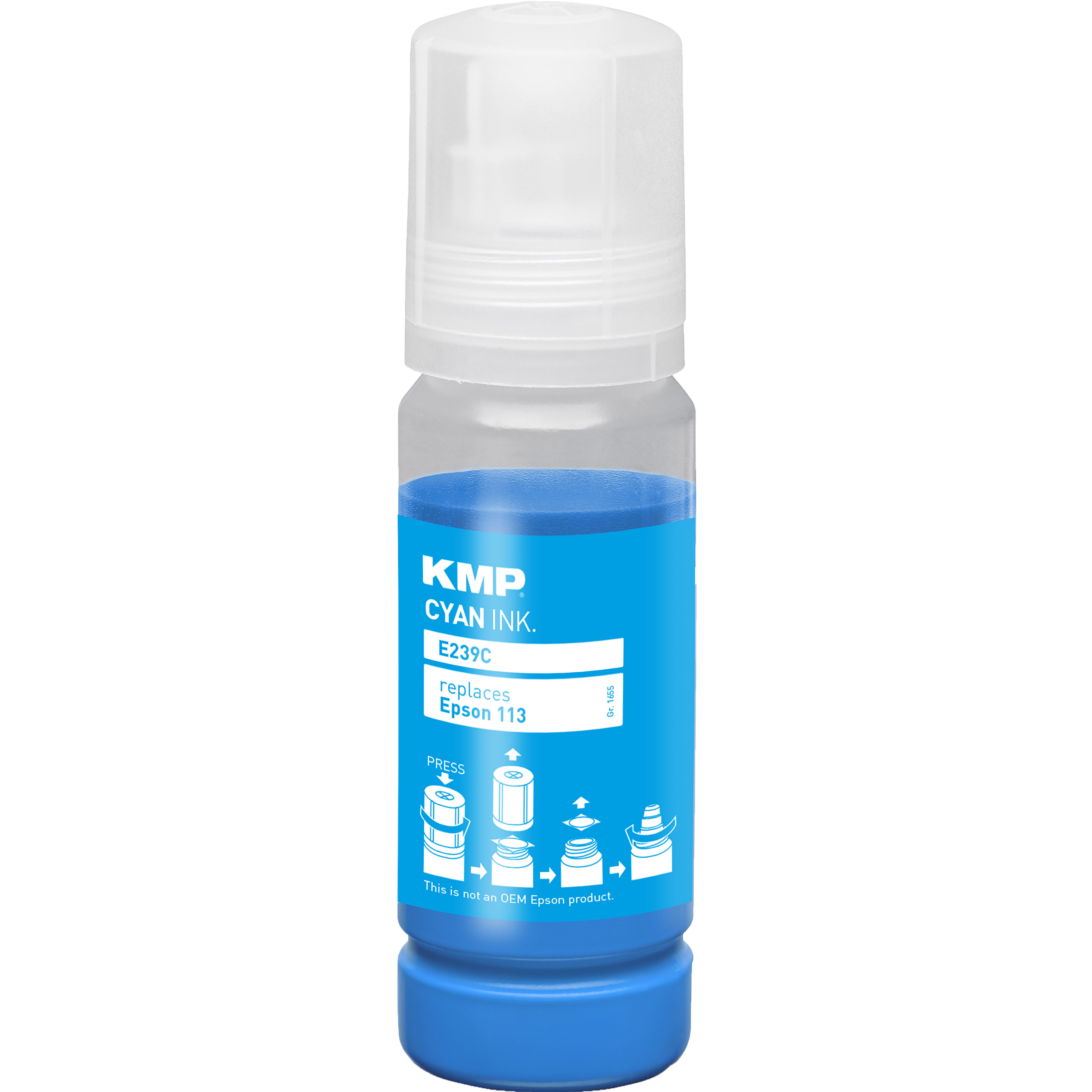 Eine blaue Tintenflasche mit der Aufschrift 'KMP CYAN INK' und Gebrauchsanweisung.