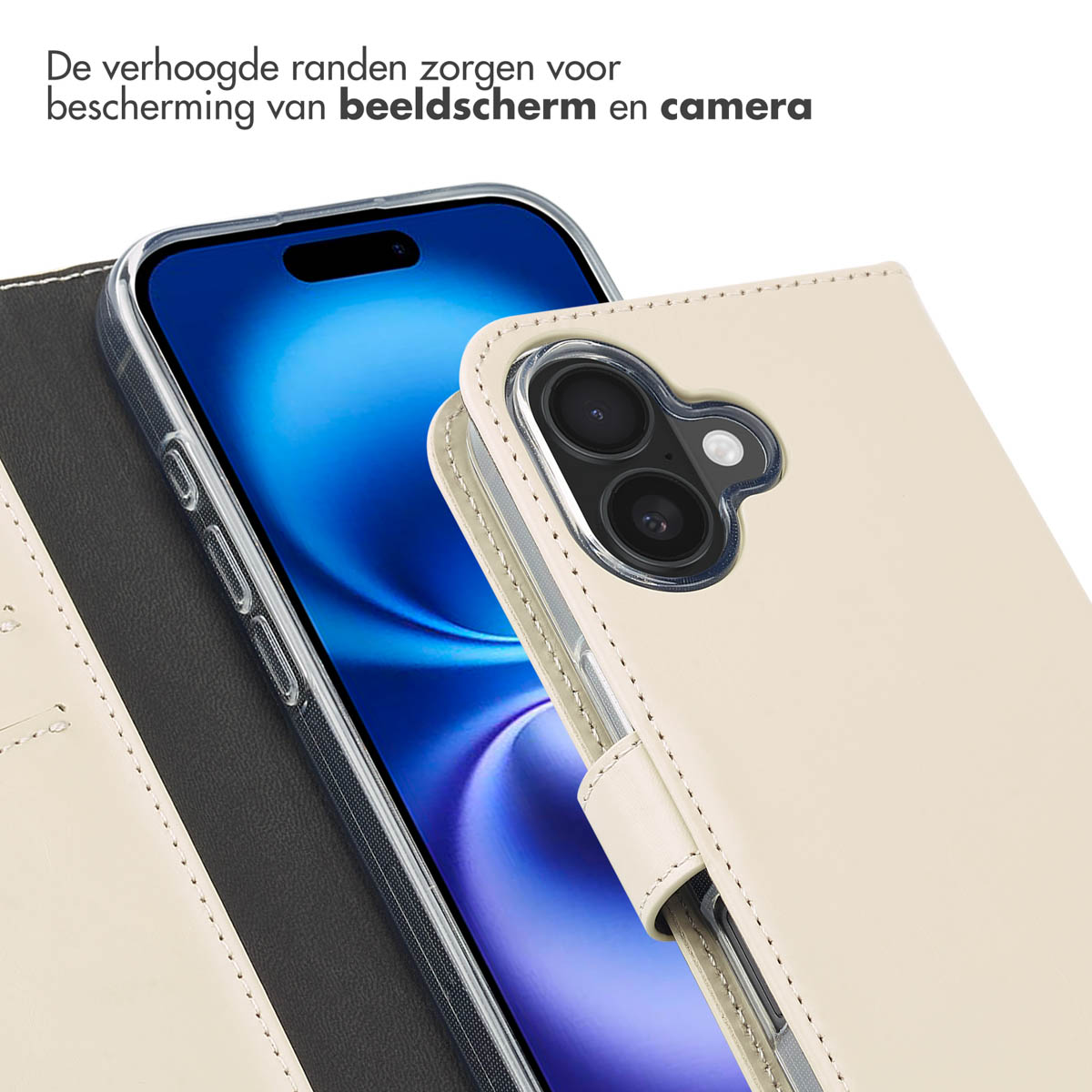 Een telefoon in een beige hoesje wordt getoond, met tekst over scherm- en camerabescherming.
