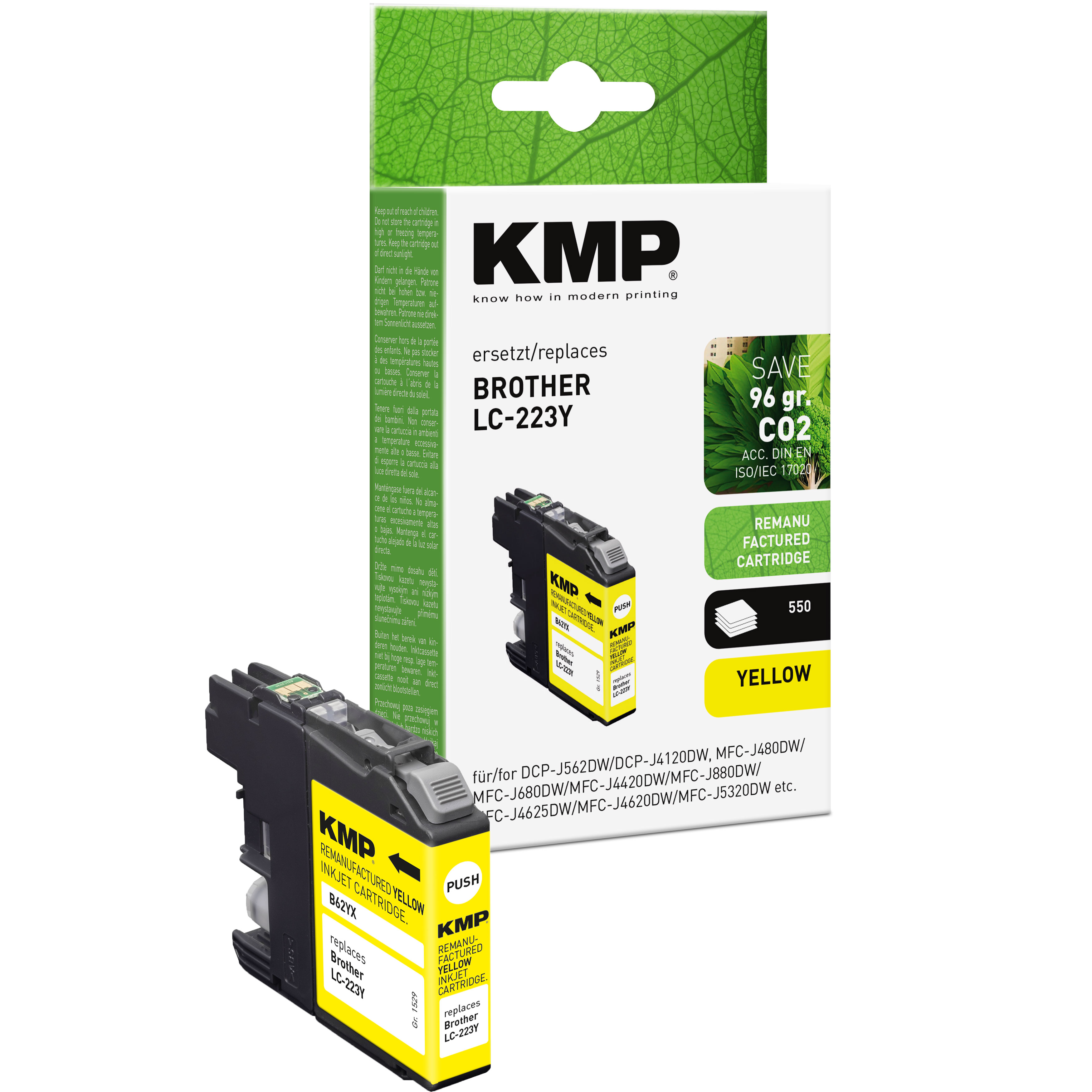 Cartuccia d'inchiostro gialla con etichetta KMP e una scatola con il testo 'Brother LC-223Y' e il colore giallo.