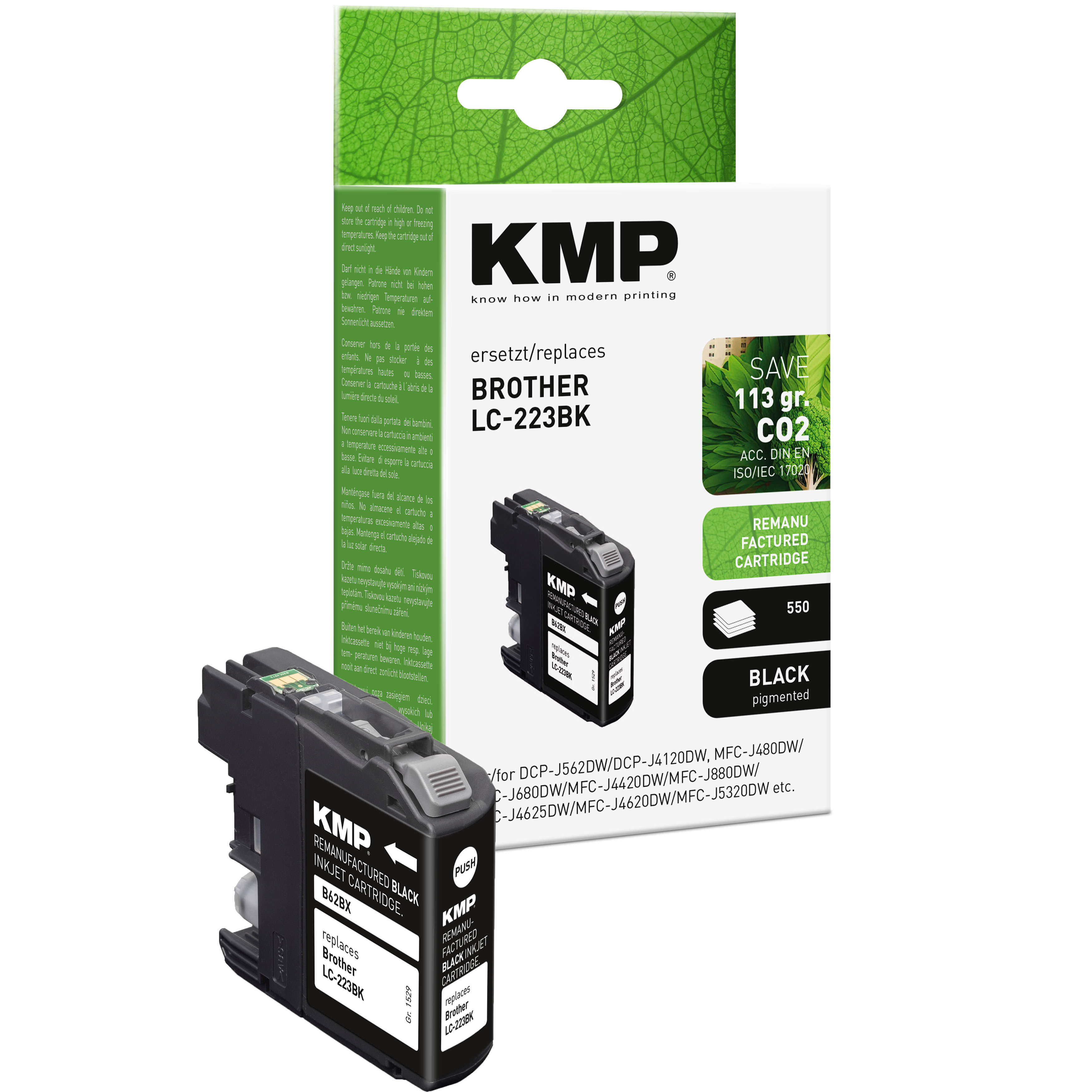 Cartuccia a getto d'inchiostro per stampante Brother in scatola. Cartuccia nera, rigenerata. Imballaggio verde e bianco.