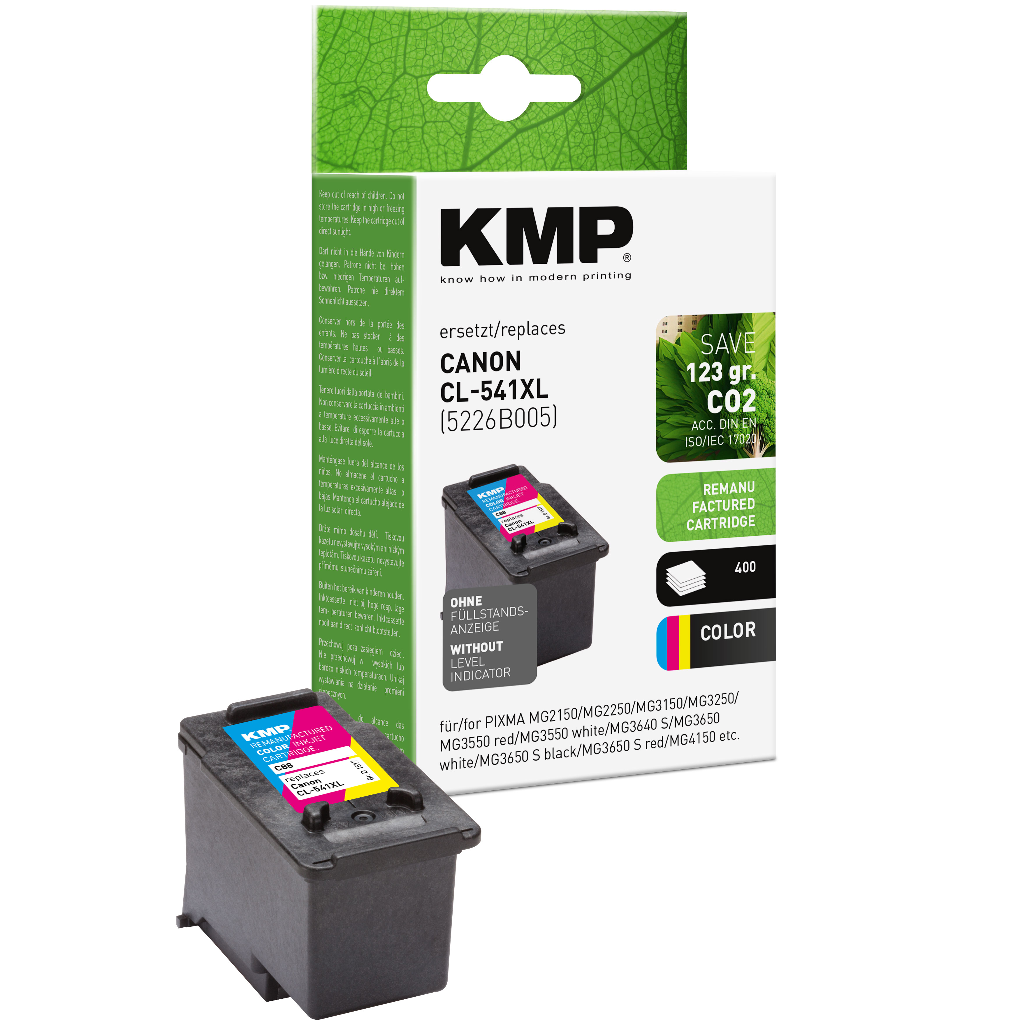 Una confezione di cartucce per stampanti KMP con una cartuccia nera e colorata all'interno.