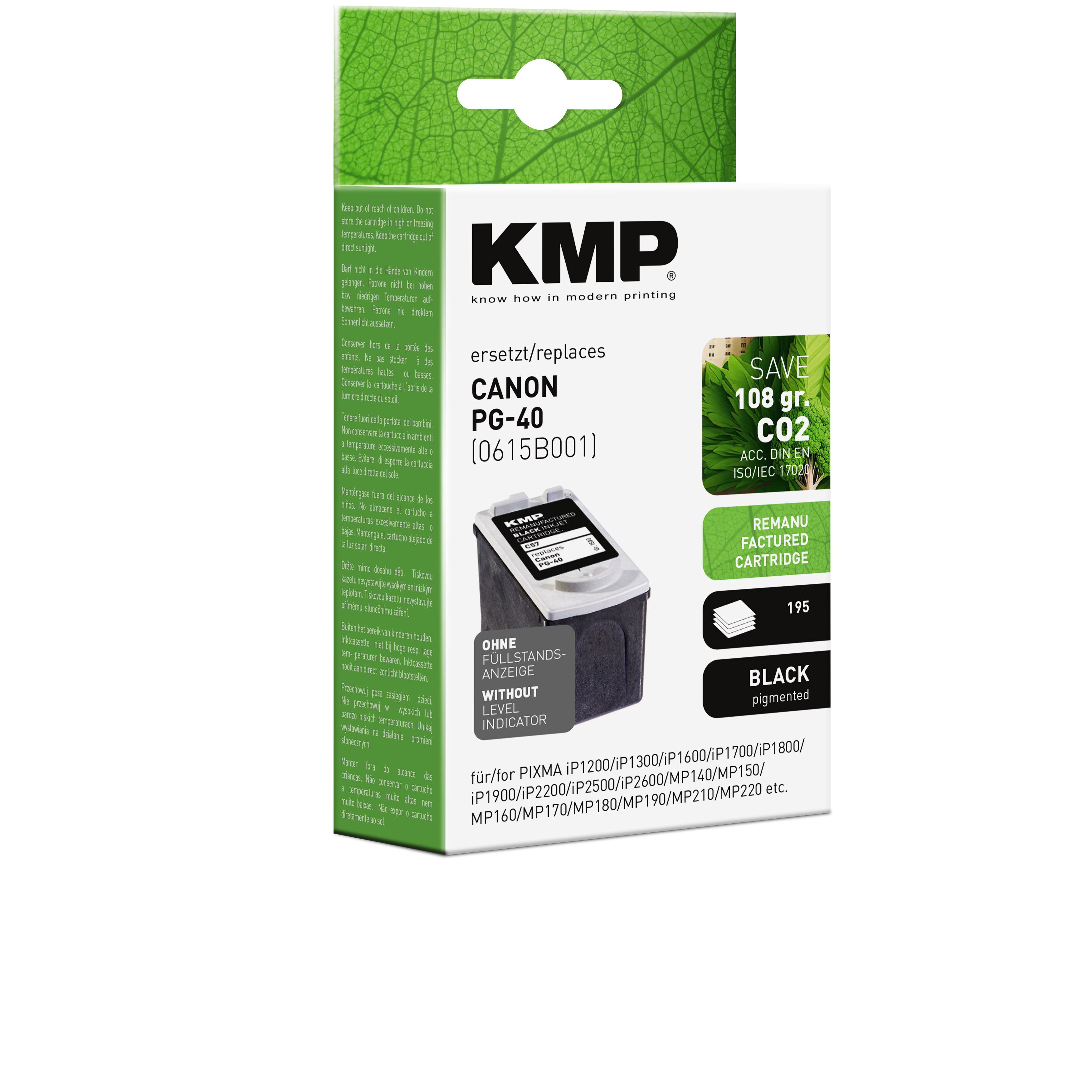 Scatola per cartucce d'inchiostro KMP. La scatola ha più colori. La cartuccia è nera.