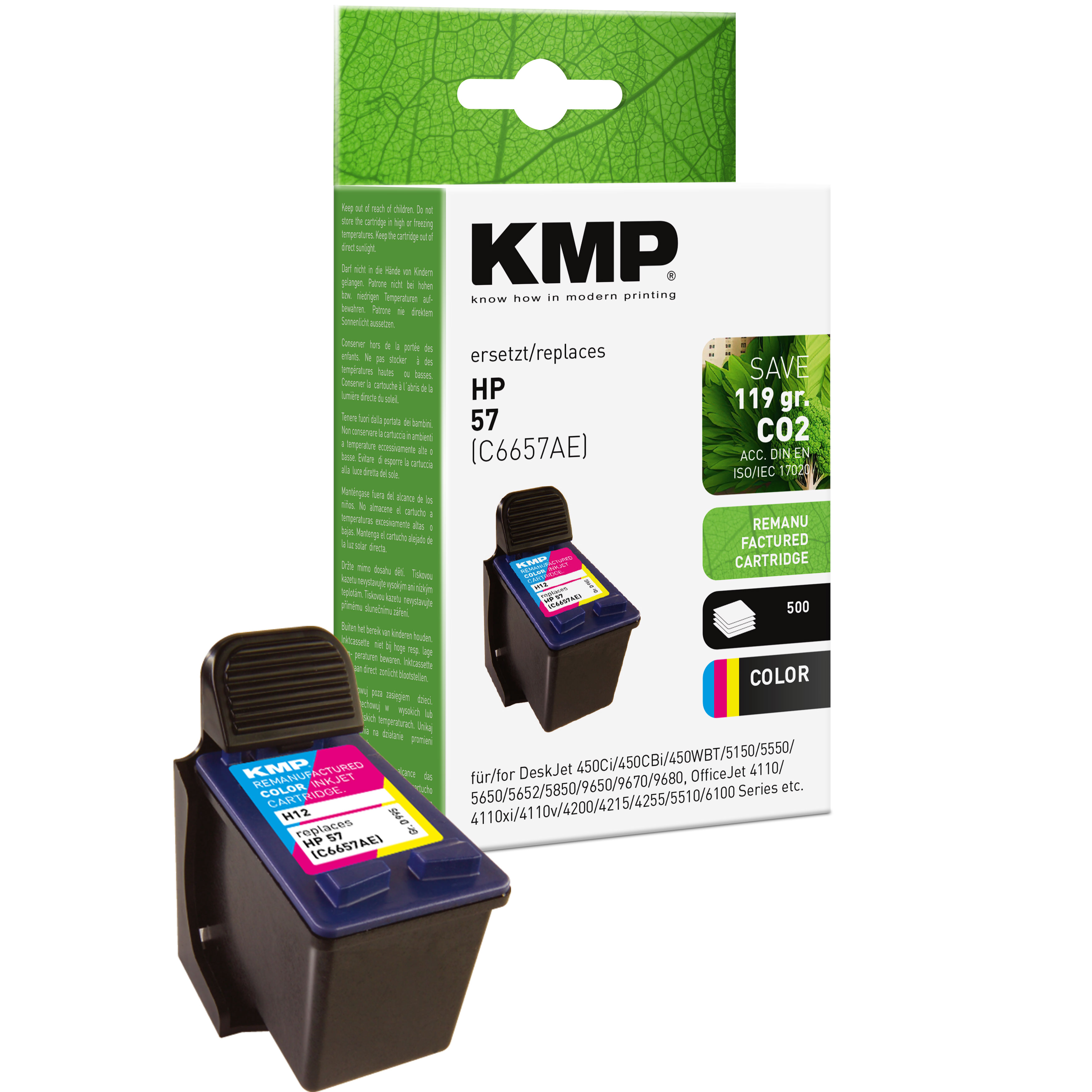 Cartuccia d'inchiostro, marca KMP, per HP 57. Davanti alla scatola c'è una cartuccia nera e a colori.