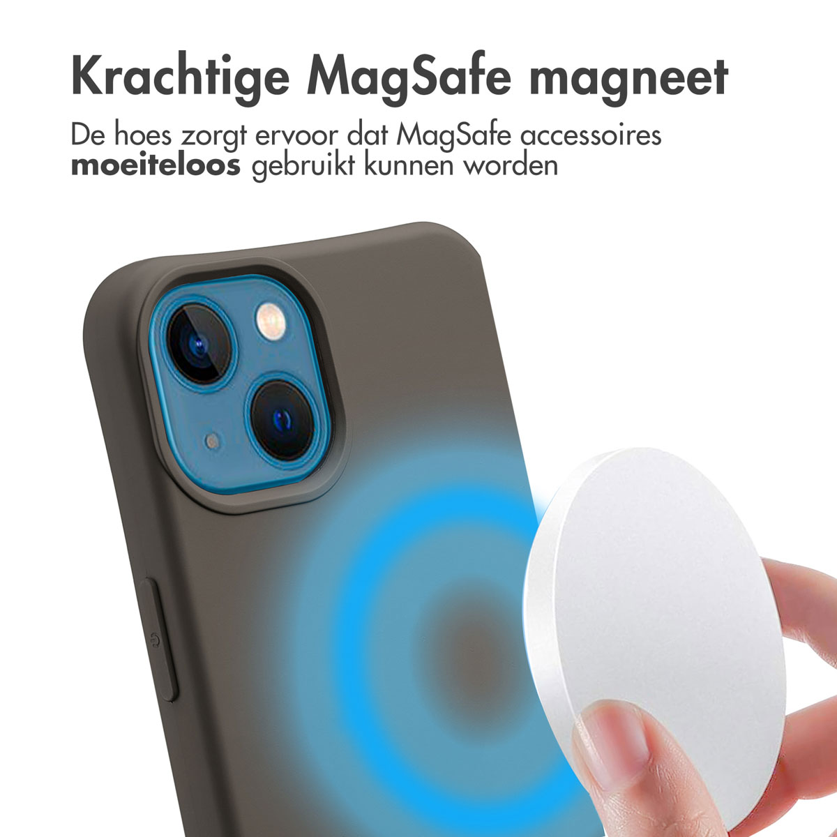 Telefoonhoesje met magnetische cirkel. Een hand houdt een witte magnetische puck bij de telefoon.