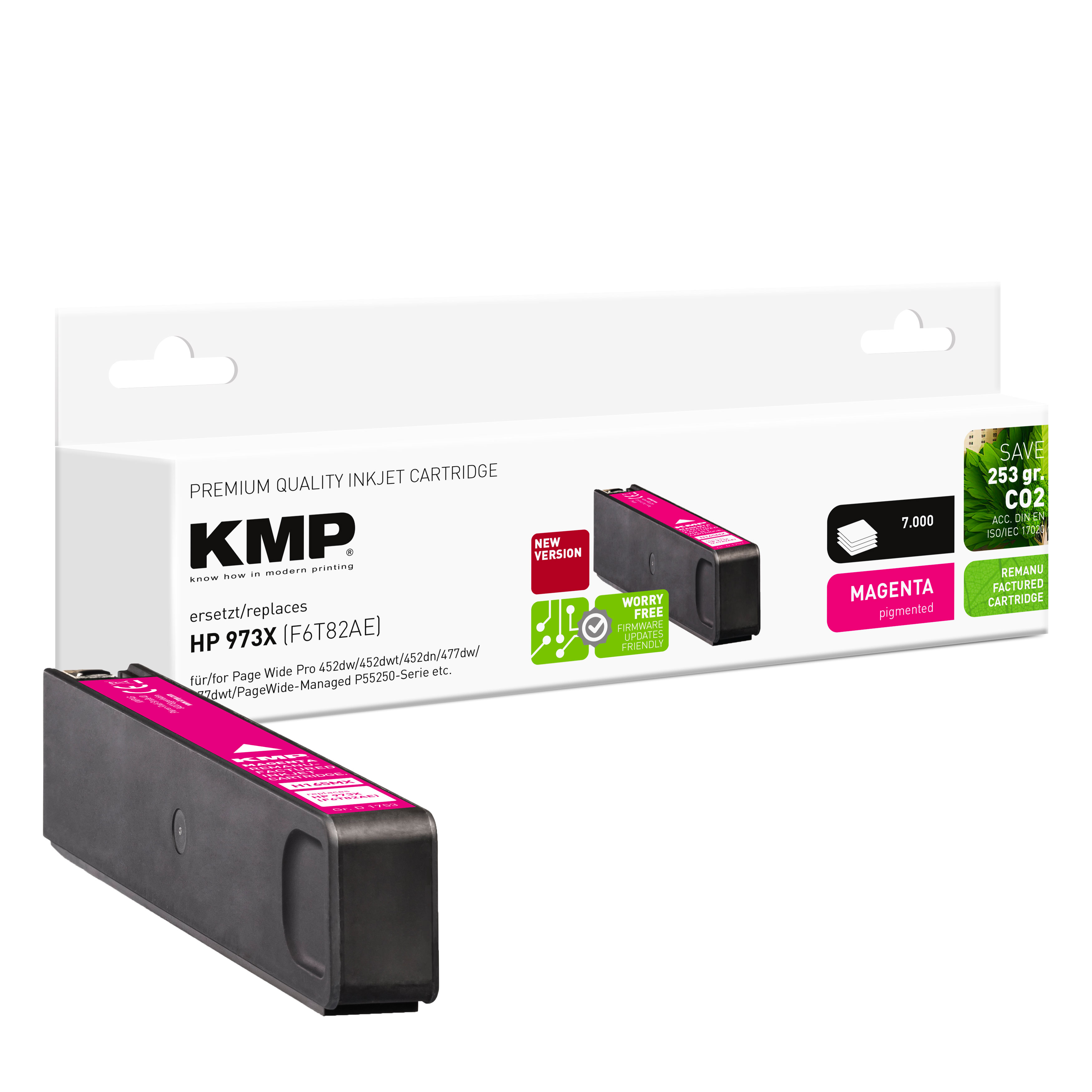 Wkład atramentowy w kolorze magenta z białym pudełkiem, pokazujący etykietę produktu.