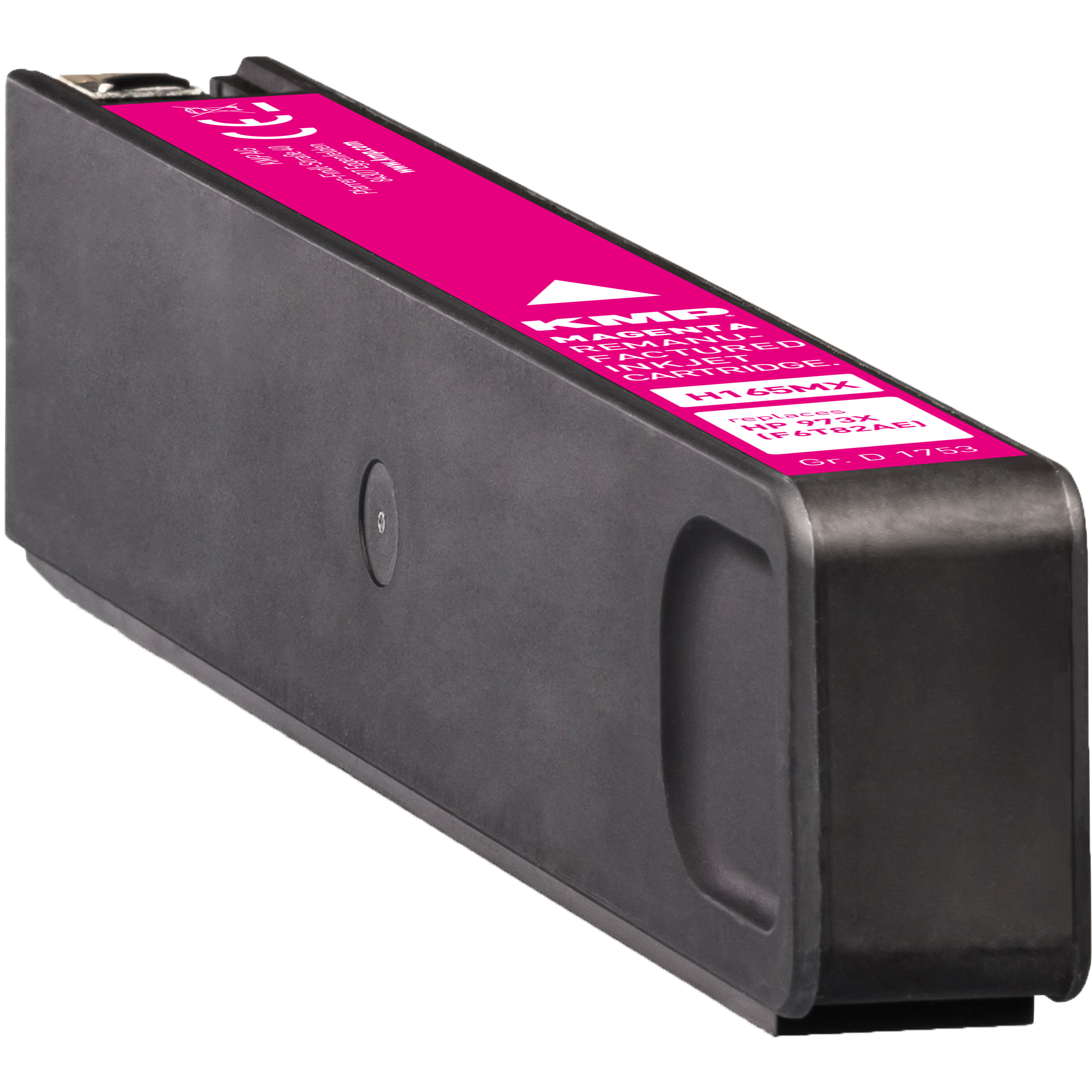 Magenta wkład atramentowy w czarnej obudowie. Etykieta mówi KMP i szczegółowo opisuje model wkładu.