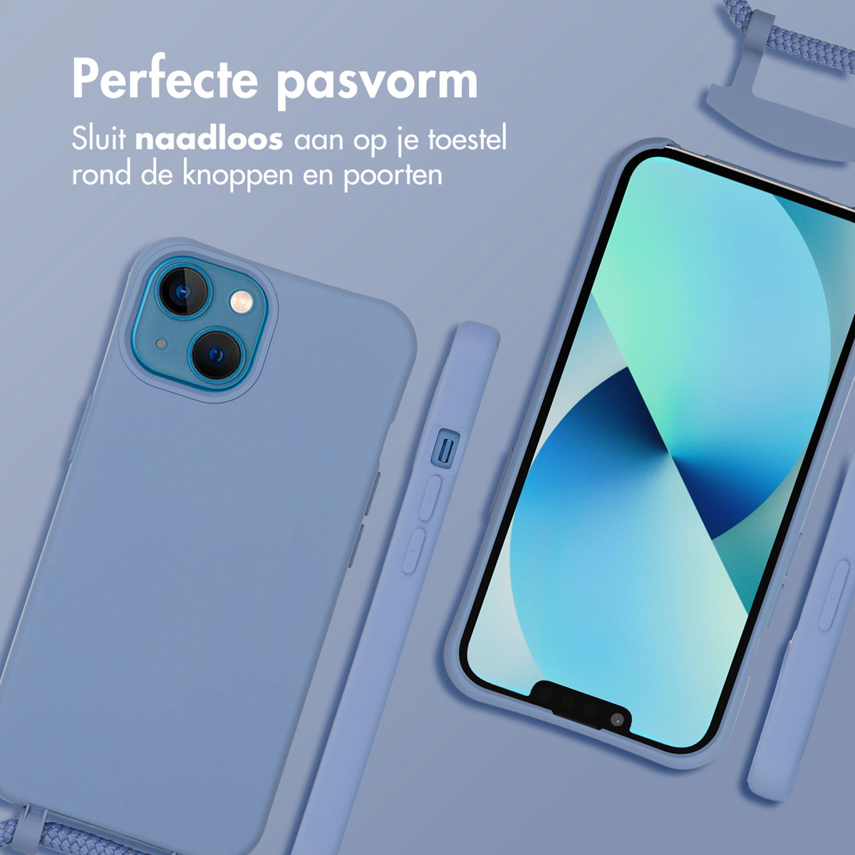 Téléphone et coque de couleur bleue. Le téléphone a une coque bleue et un cordon bleu.