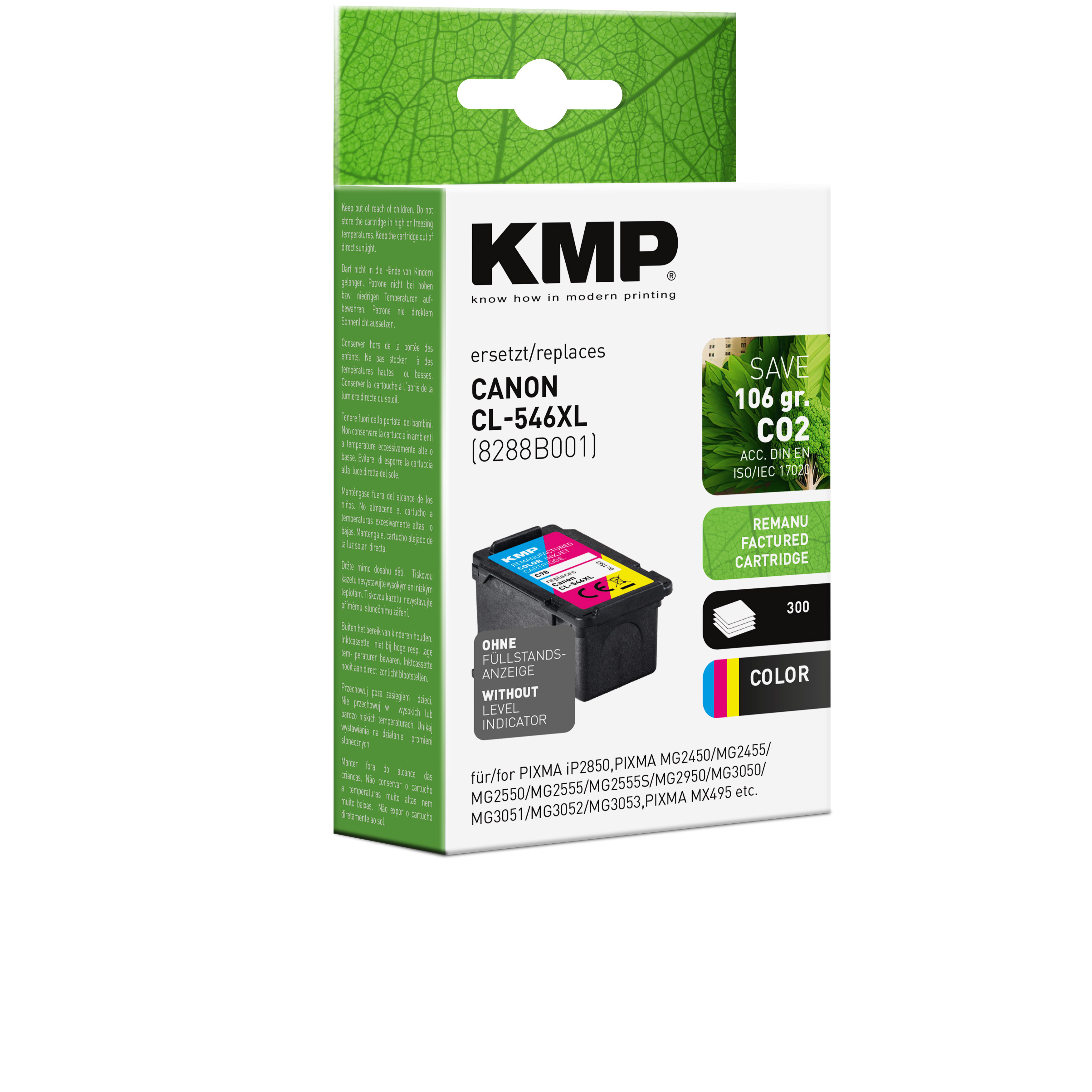 Una scatola di cartucce per stampanti KMP. La scatola è verde e bianca con colori ciano, magenta, giallo e nero.