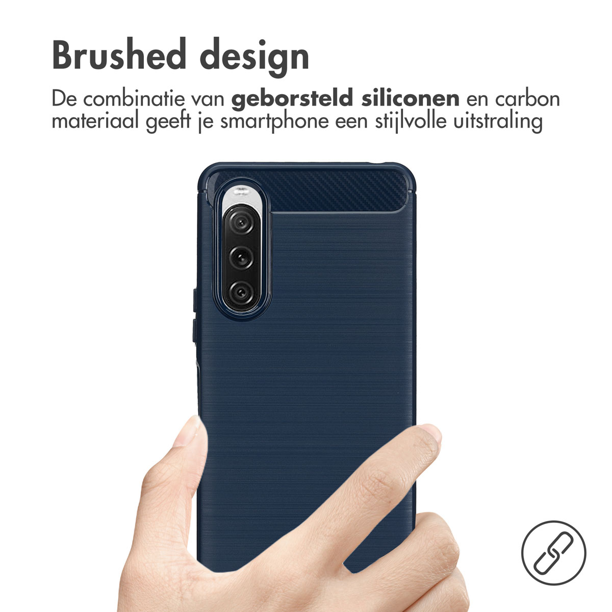 Donkerblauwe telefoonhoes. Text: Geborsteld design. Siliconen en carbon voor stijlvolle look.