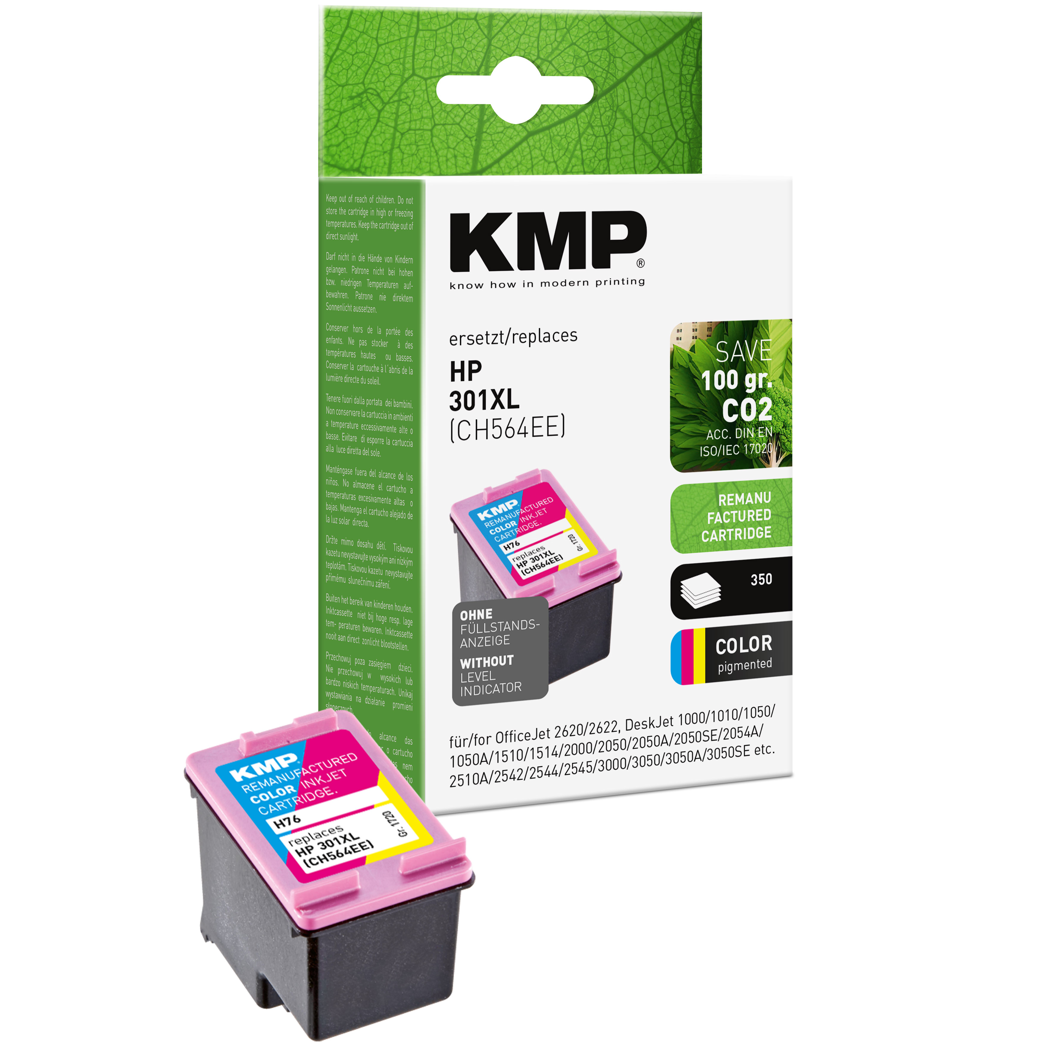 Una cartuccia d'inchiostro KMP, magenta e giallo. L'imballaggio indica una cartuccia rigenerata.