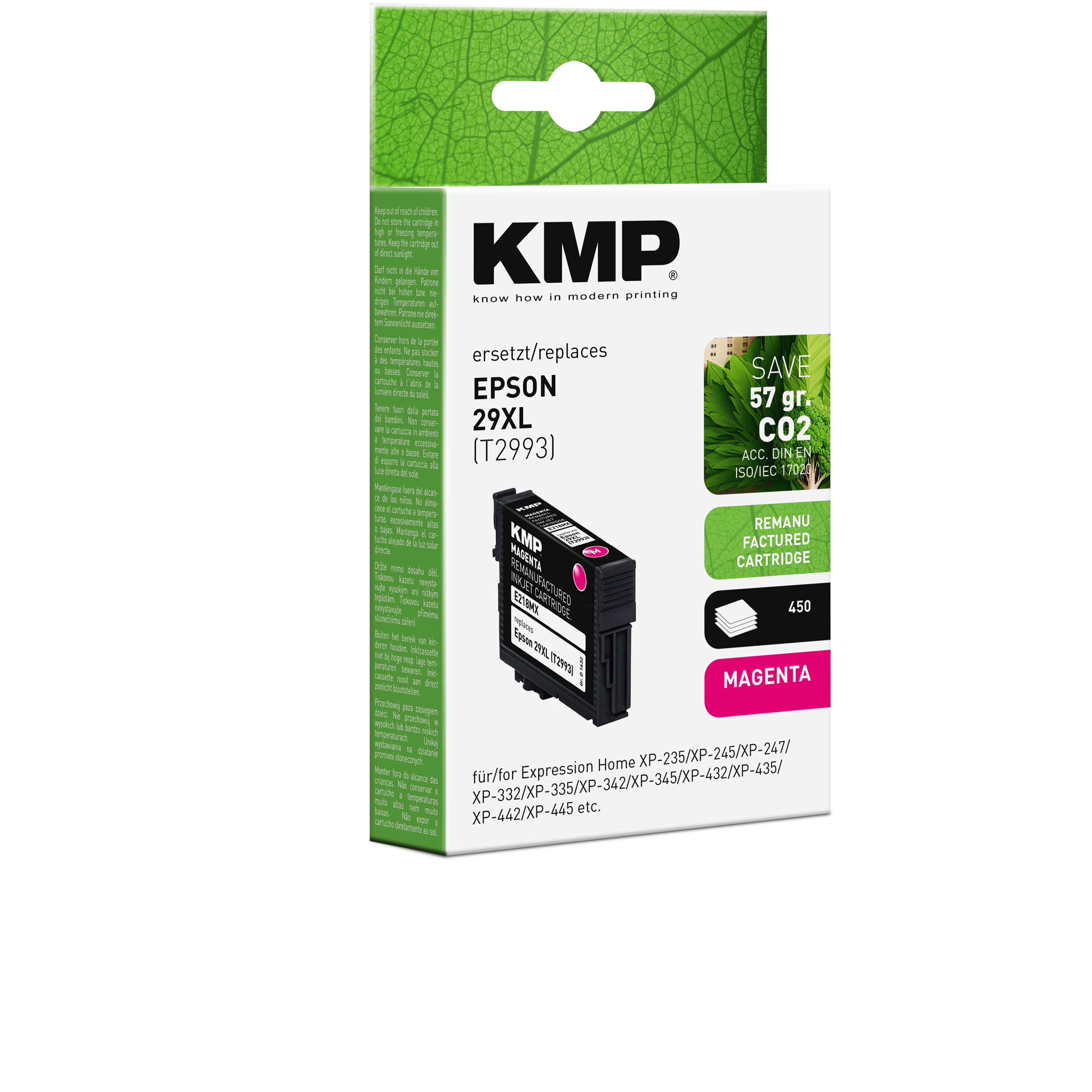 Cartuccia d'inchiostro magenta KMP per Epson 29XL. La cartuccia è magenta e la confezione è bianca e rosa.