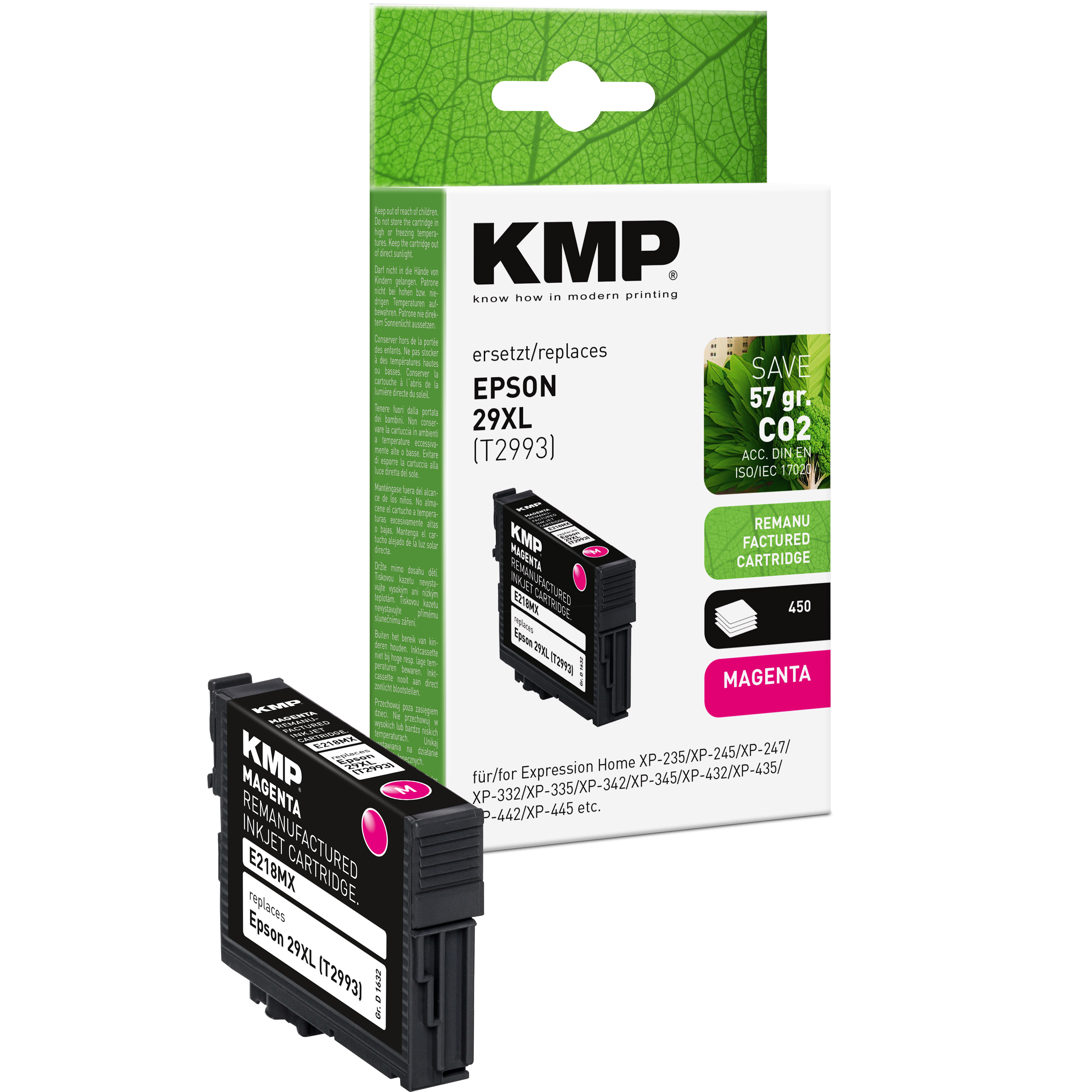 Una cartuccia d'inchiostro magenta KMP e la sua confezione, con testo sulla sostituzione e sui risparmi.