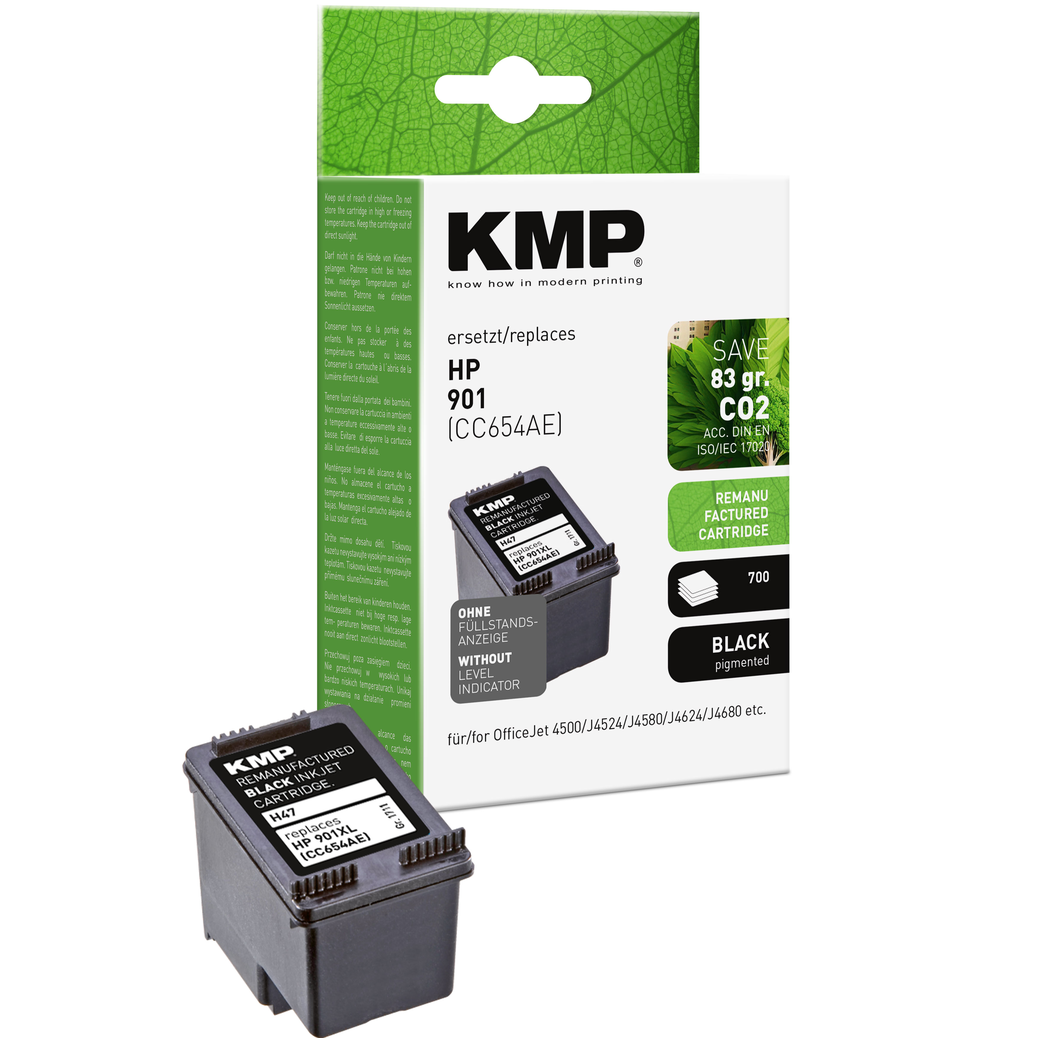 Cartuccia inkjet in scatola. Testo: Cartuccia inkjet nera rigenerata. Sostituisce HP 901 (CC654AE).