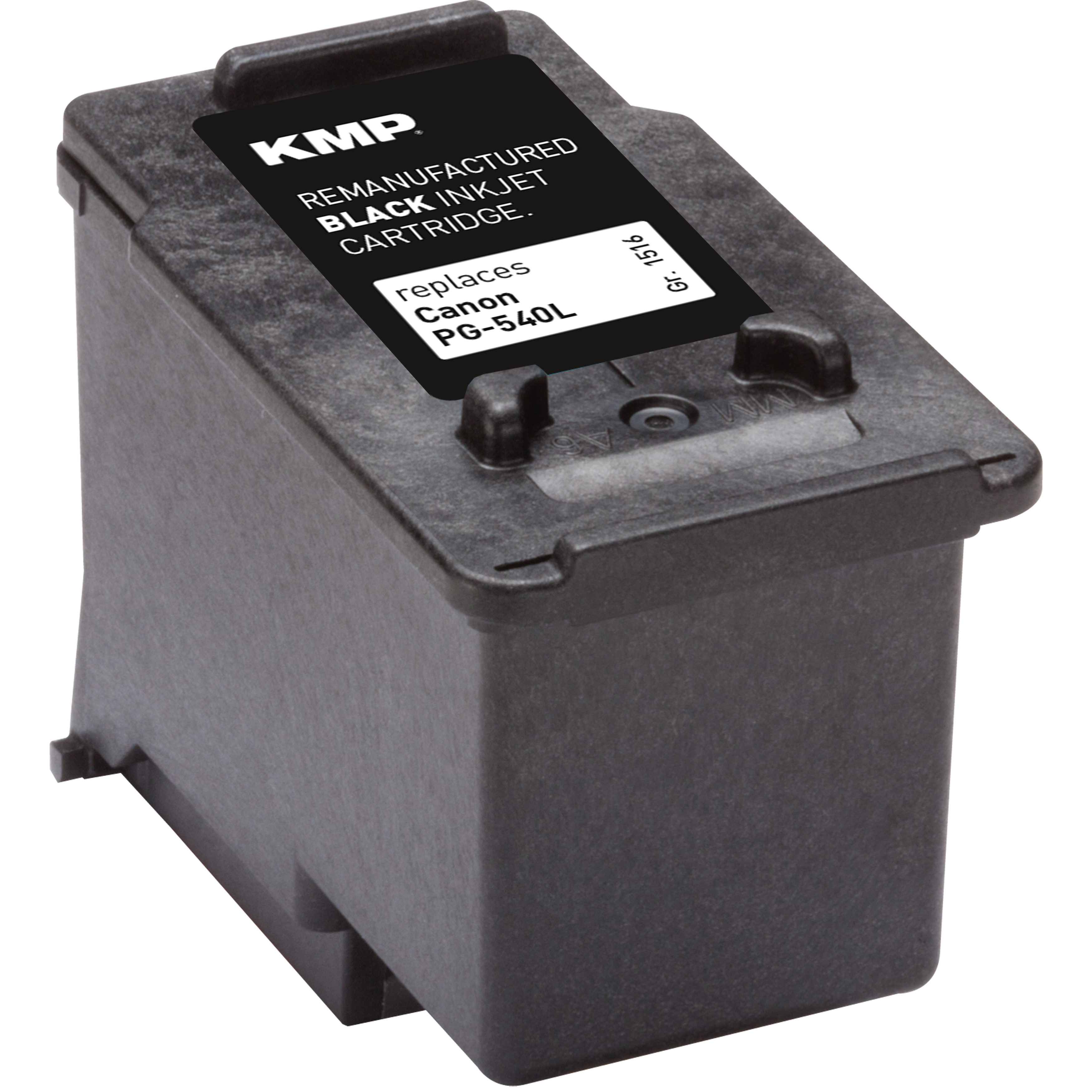 Schwarze, wiederaufbereitete KMP Black Inkjet-Patrone, Canon PG-540L. Weißes Etikett an der Seite.