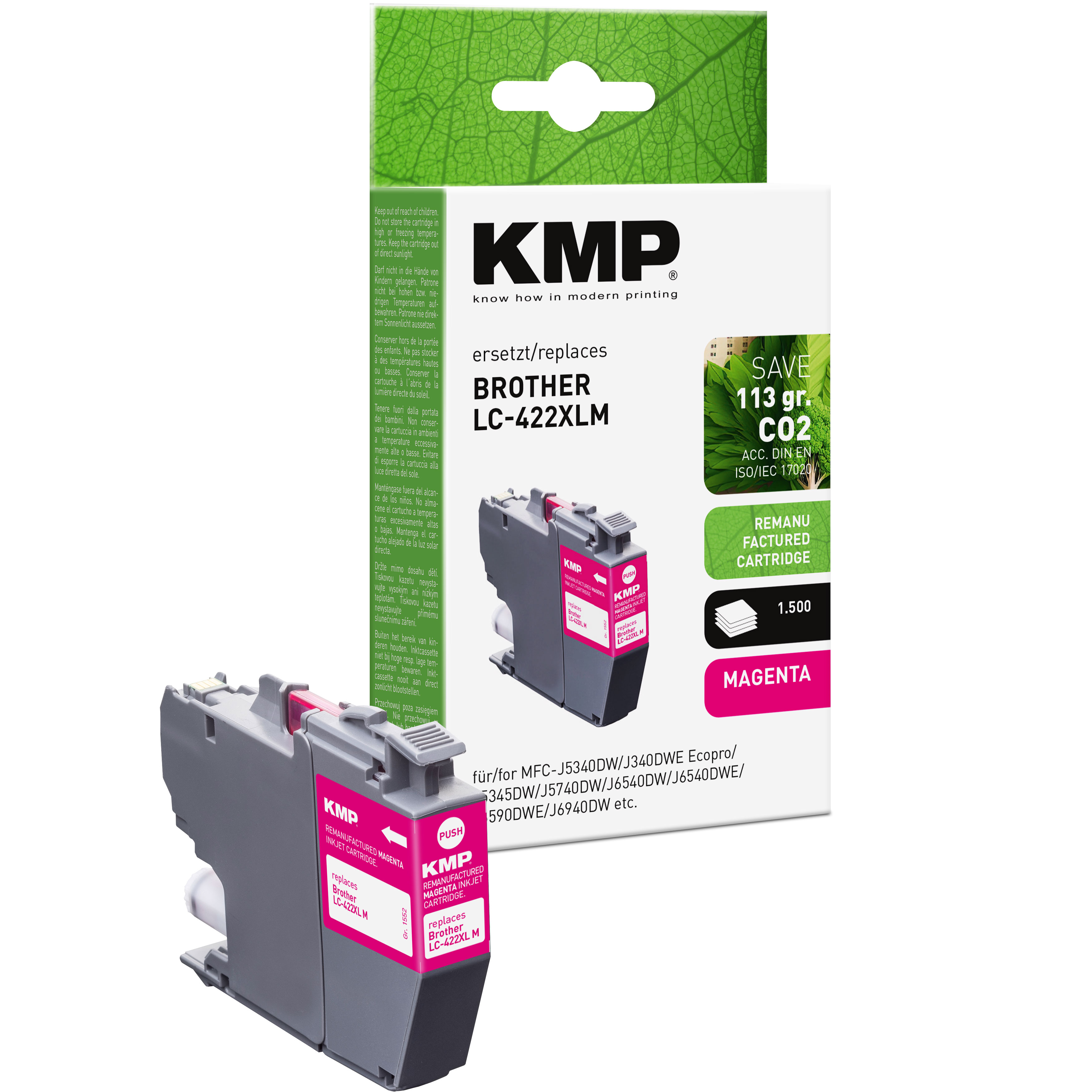 Cartuccia d'inchiostro KMP Brother LC-422XL. Cartuccia magenta davanti alla scatola.