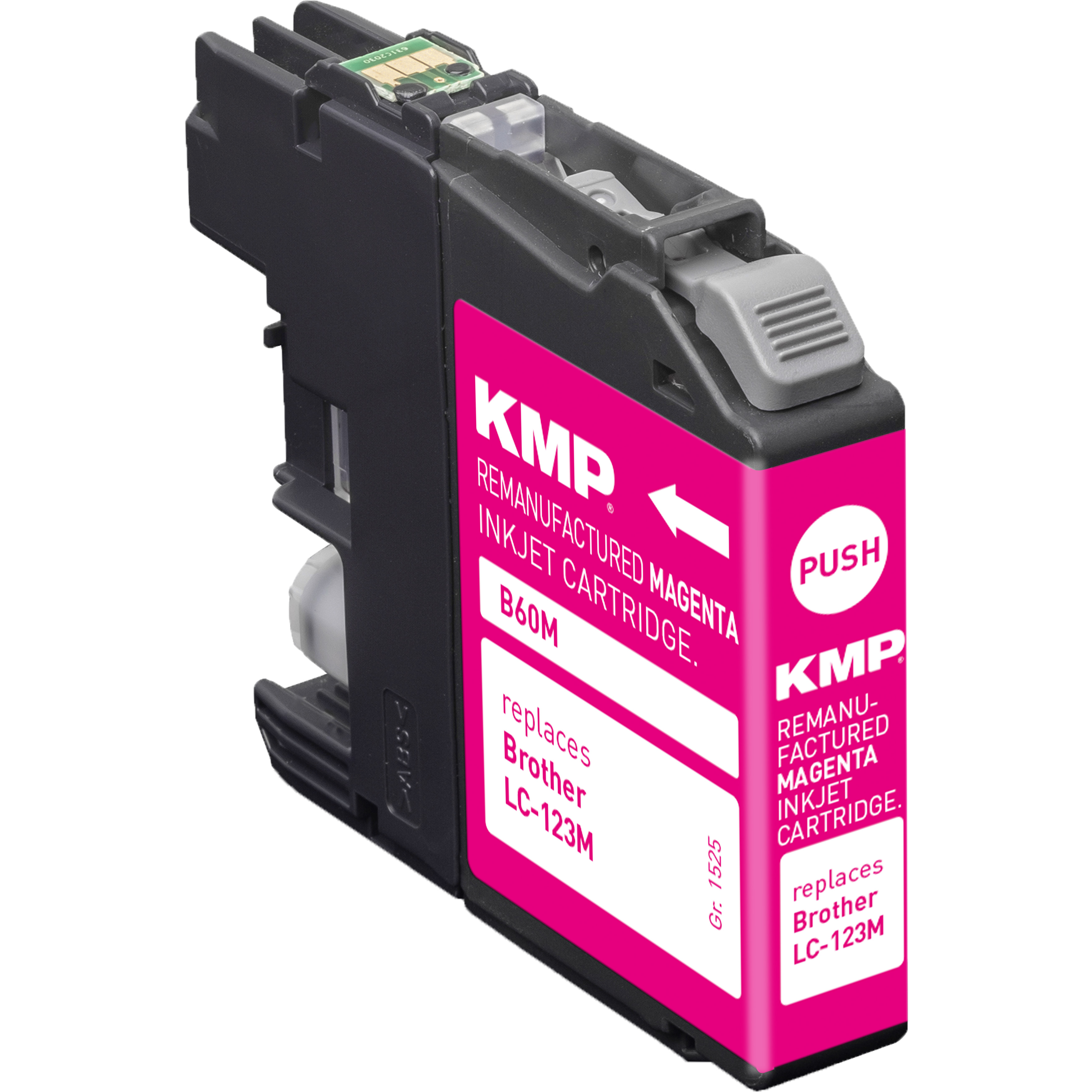 Una cartuccia d'inchiostro rigenerata KMP magenta. Sostituisce Brother LC-123M. La cartuccia nera ha un pulsante grigio.