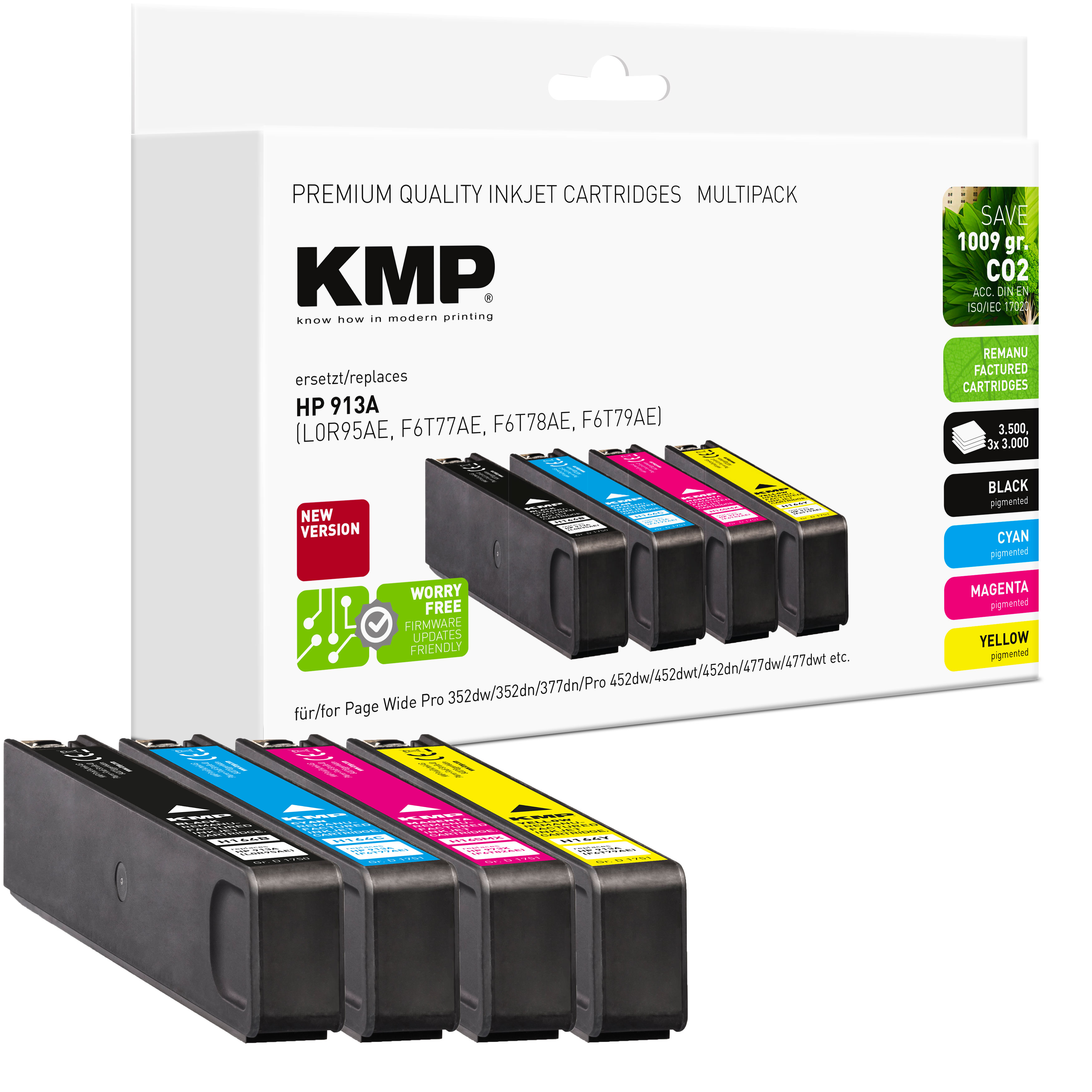Cartuchos de inyección de tinta en negro, cian, magenta y amarillo, en una caja KMP.