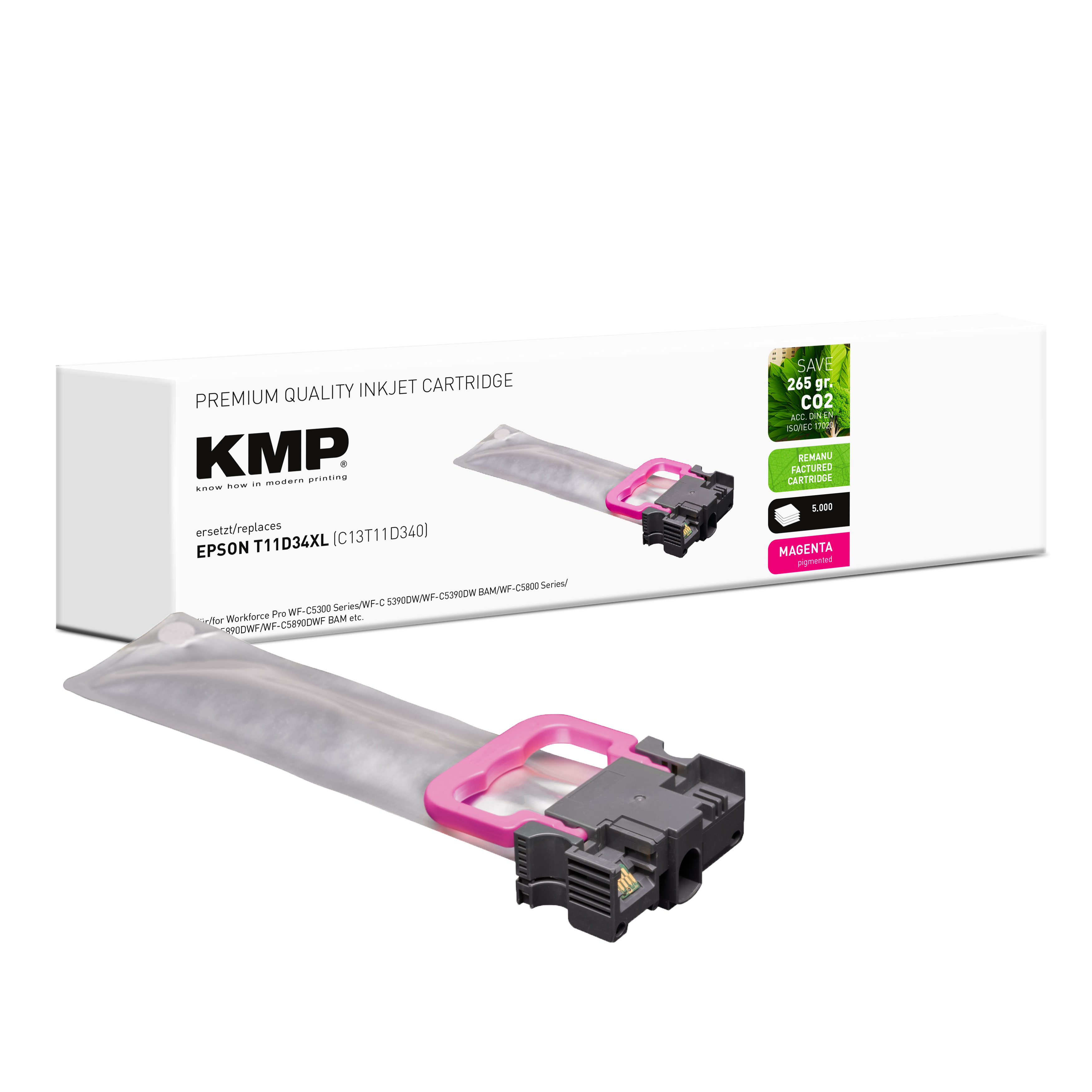 Tintenpatrone mit magenta Tinte. Verpackt, mit Text und einer Grafik der Tintenpatrone.