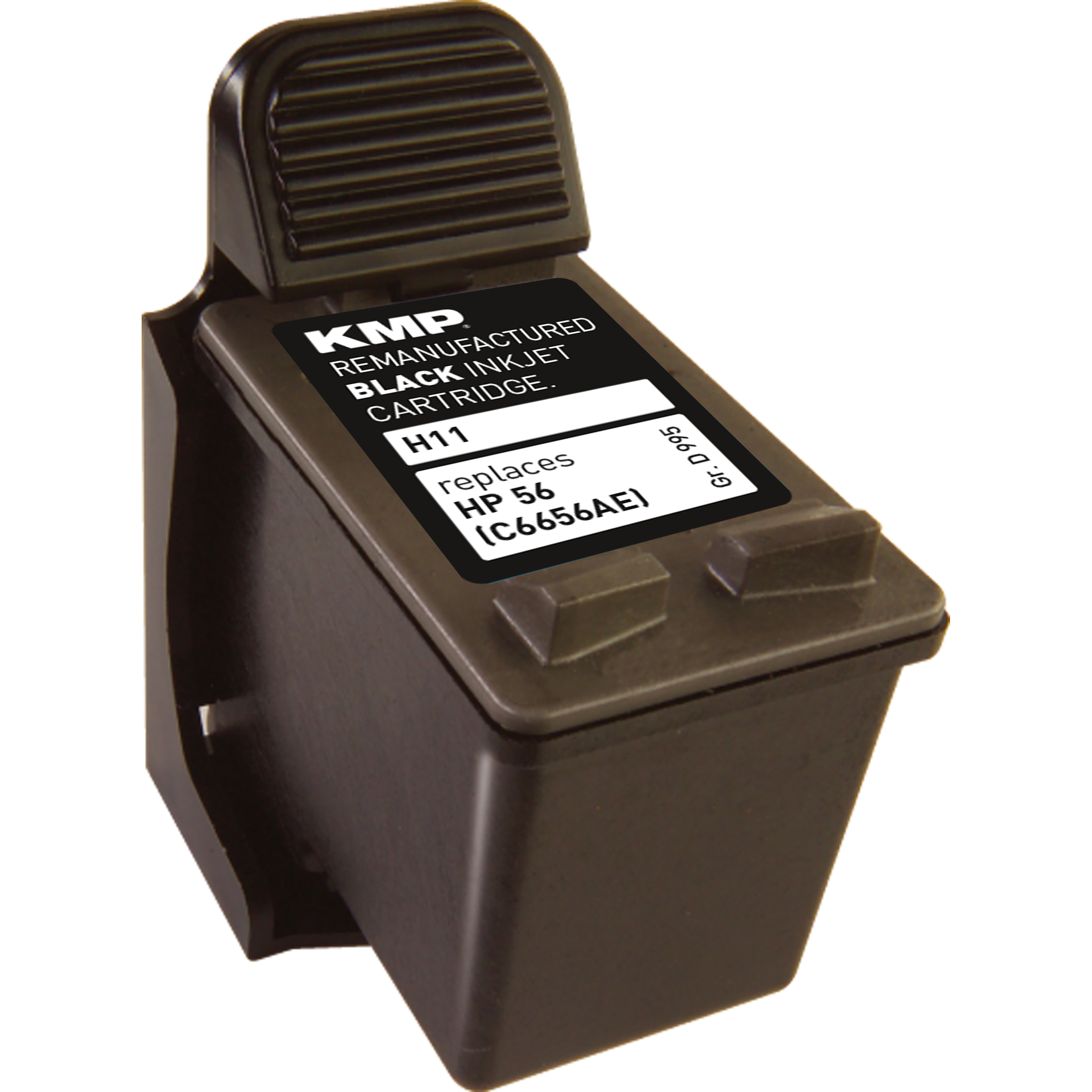 Eine schwarze Tintenpatrone mit KMP-Etikett, beschriftet mit H11 und ersetzt HP 56, auf weißem Hintergrund.