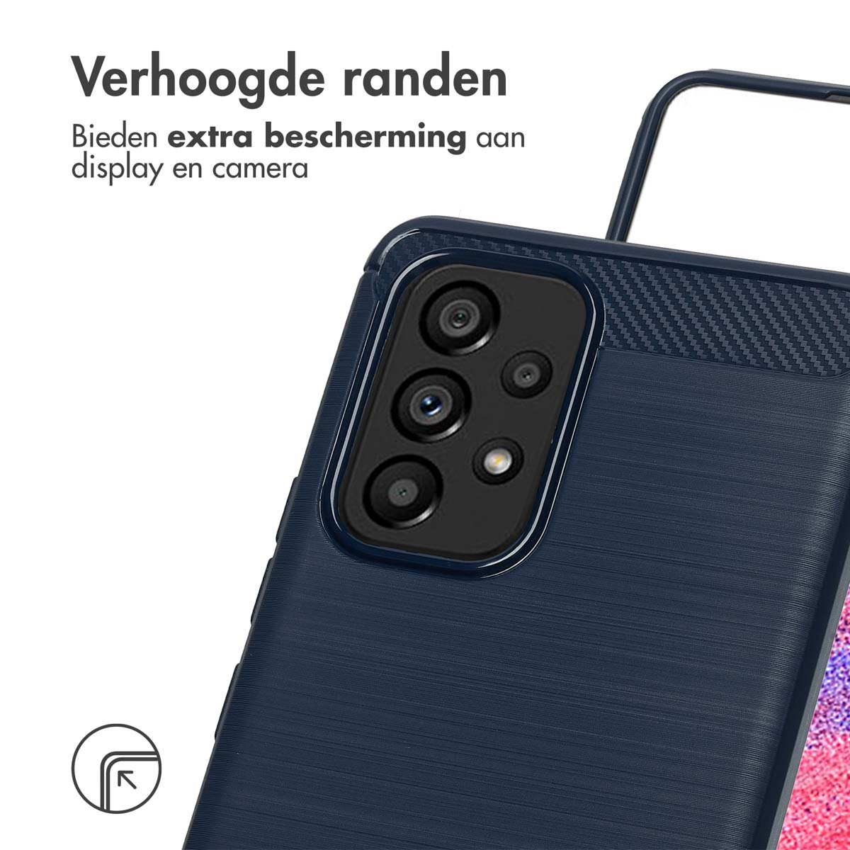 Gros plan sur une coque de téléphone bleu foncé avec un dos texturé et une bosse de caméra. Texte en haut et en bas.