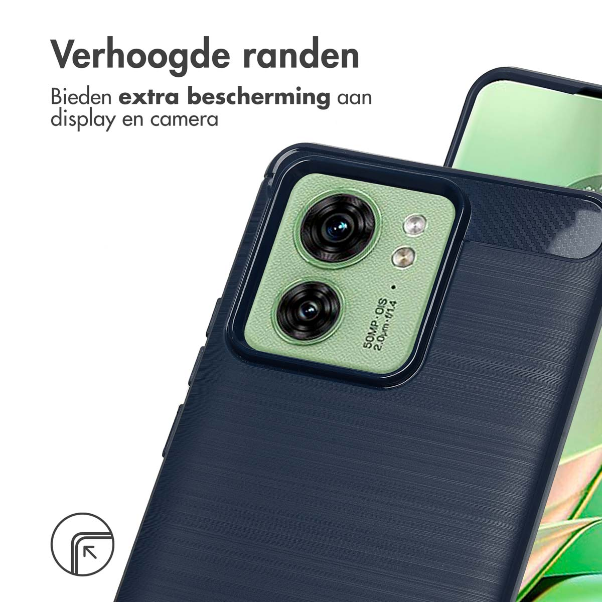 Close-up van een telefoonhoesje met een telefoon erin. De hoes is donkerblauw, camera zichtbaar.