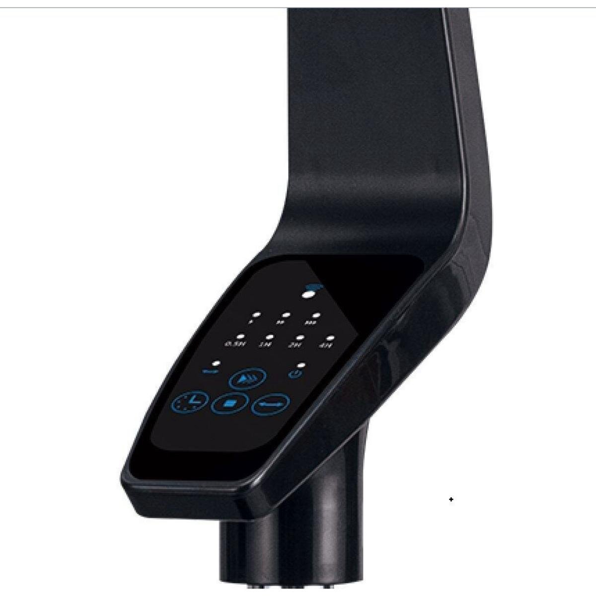 Czarne urządzenie z ekranem dotykowym i przyciskami, zamontowane na zakrzywionym, czarnym stojaku.