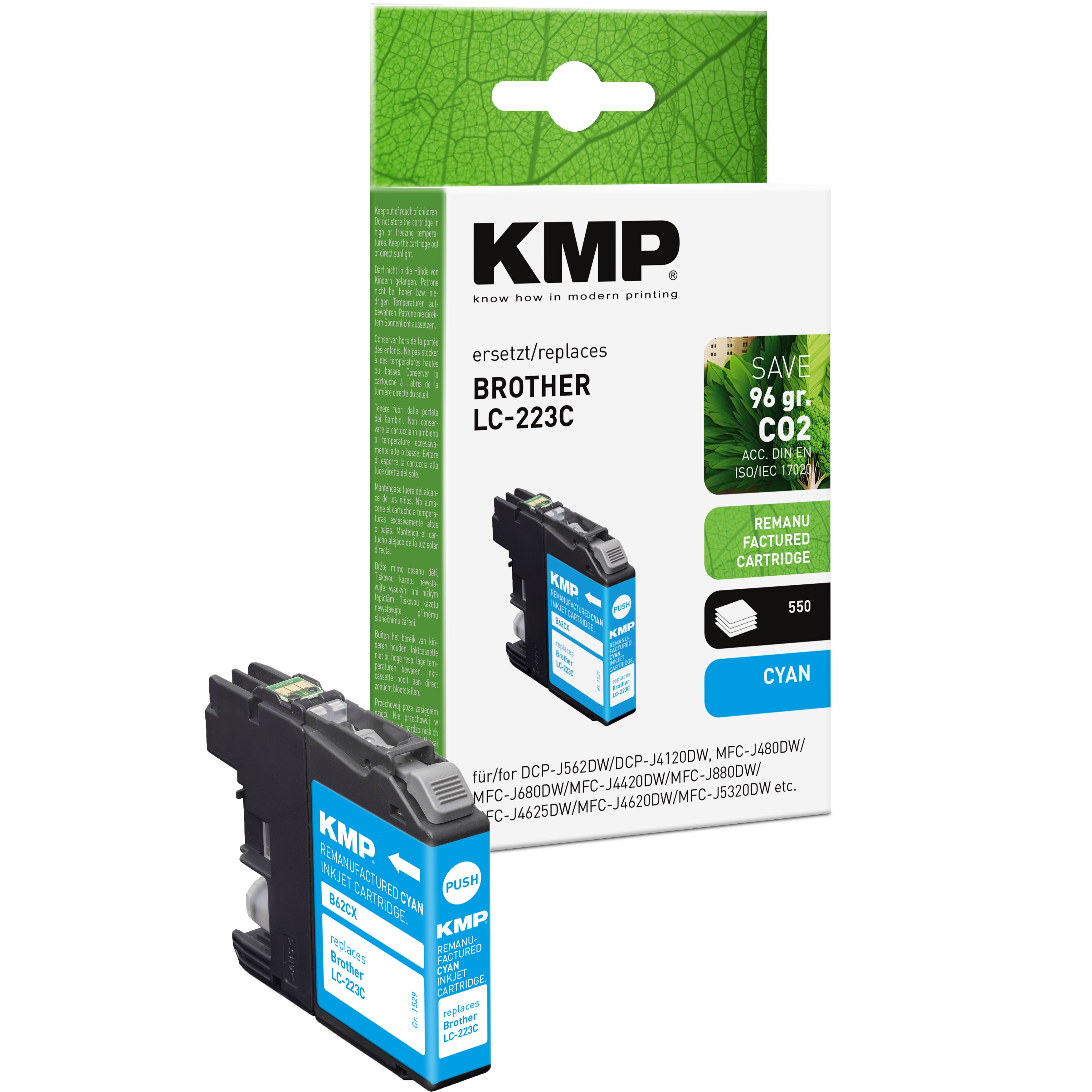 Cartuccia a getto d'inchiostro rigenerata KMP ciano con confezione. Sostituisce Brother LC-223C. Colore ciano.