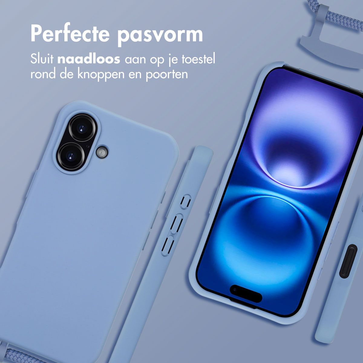 Een telefoon in een lichtblauwe case met een bijpassend koord. De telefoon staat op een lichtblauwe achtergrond.