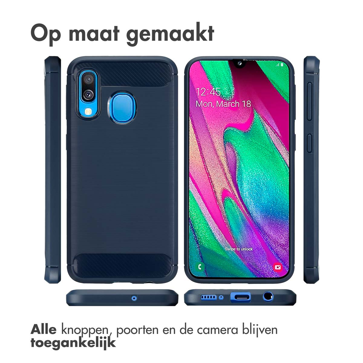 Custodia per telefono con telefono all'interno, che mostra app e data. Custodia blu, su sfondo bianco.