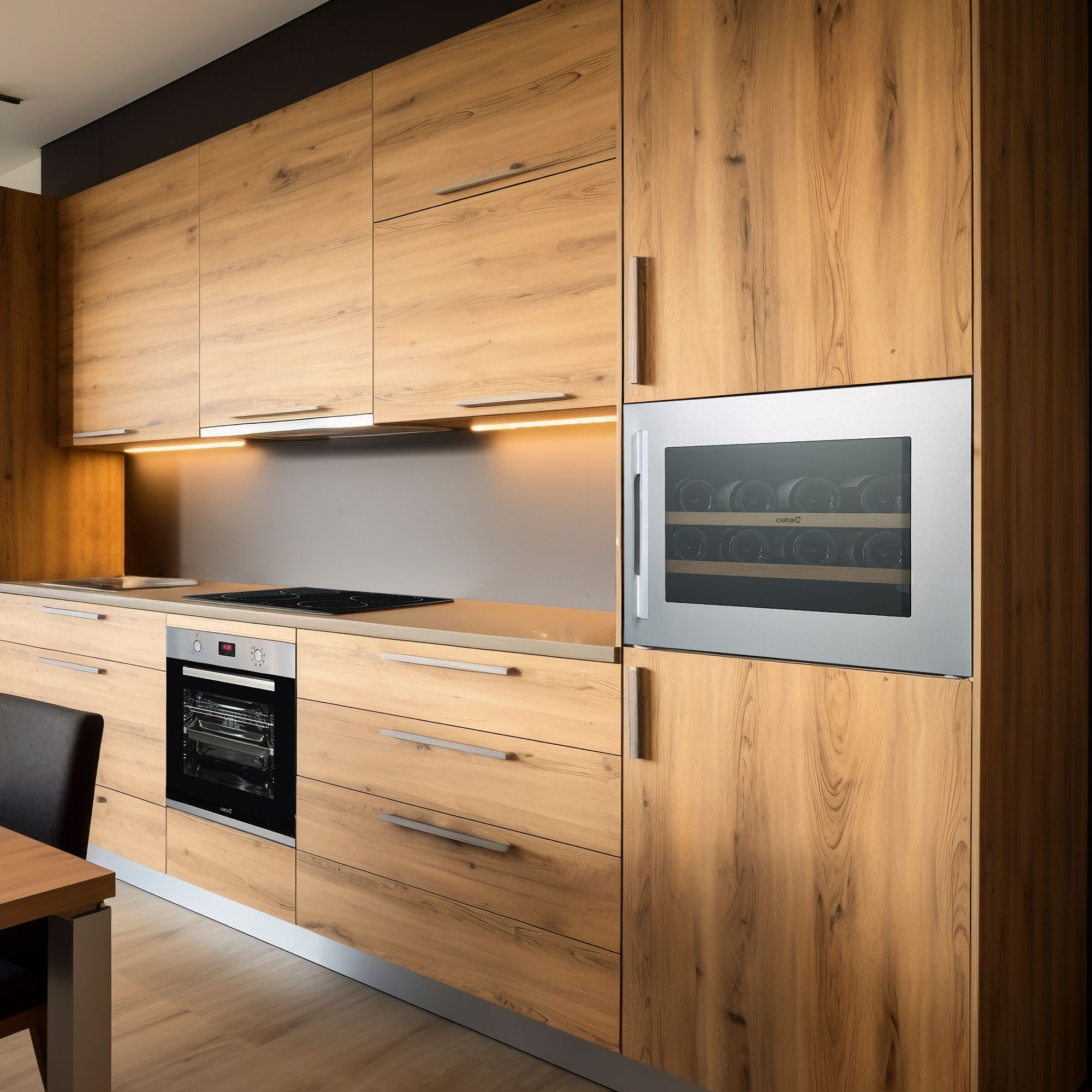 Cocina de madera con vinoteca y horno empotrado. Tiene un mueble de madera.