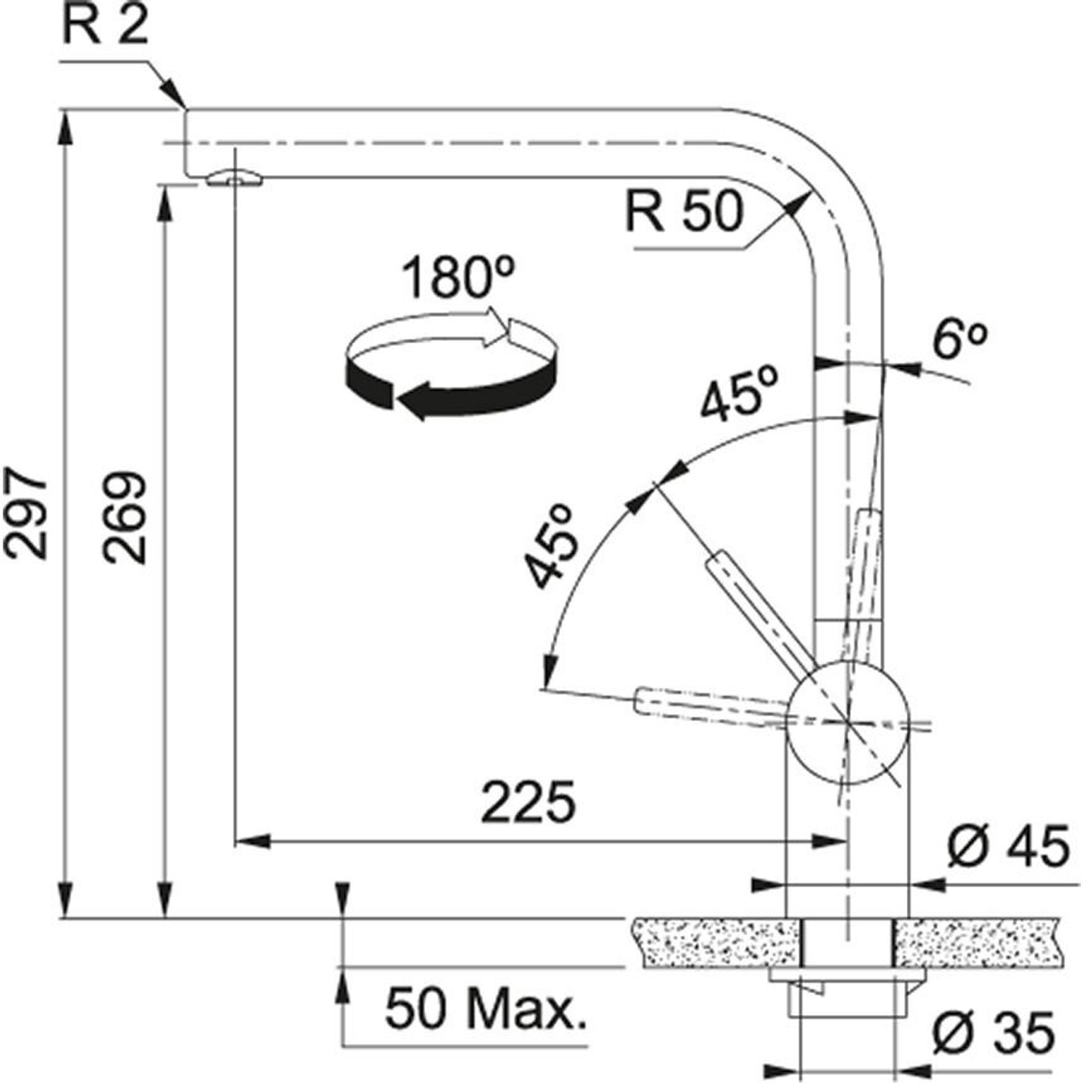 Disegno tecnico di un rubinetto da cucina con dimensioni e angoli indicati.