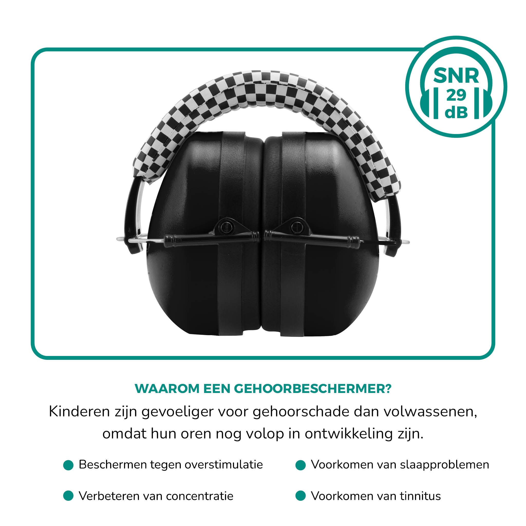 Geluidsonderdrukkende oorbeschermers. Ze zijn zwart met een geblokte hoofdband en groene rand.