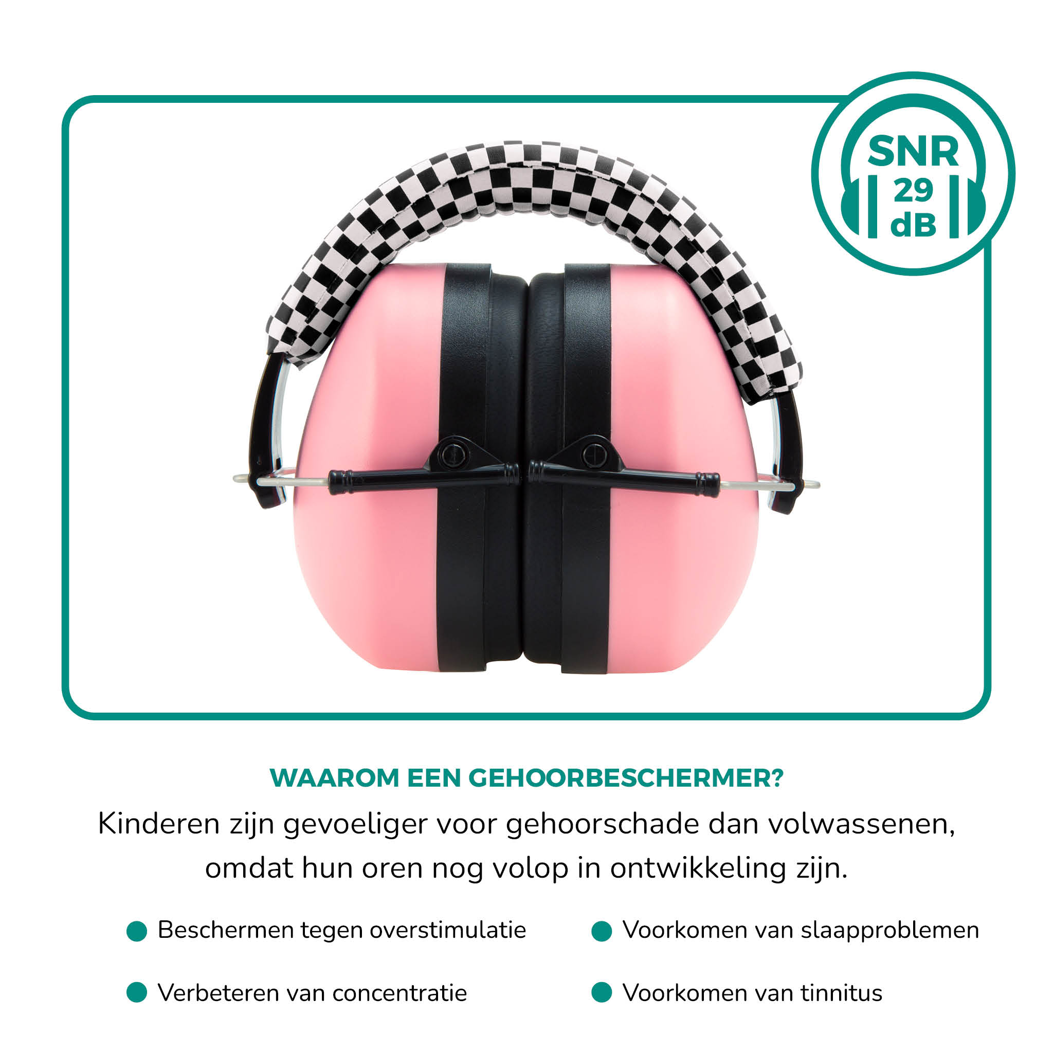 Roze en zwarte oorbeschermers. Tekst: Waarom gehoorbescherming gebruiken? Voorkomt overstimulatie.