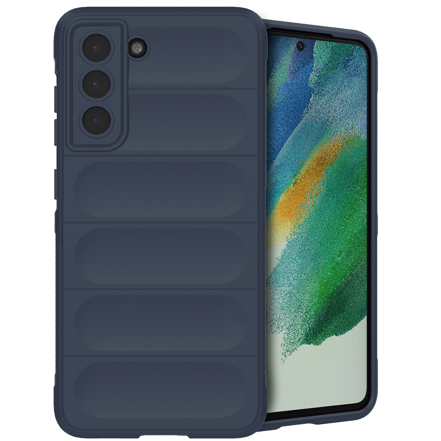 Een marineblauw telefoonhoesje met een telefoon erin. De hoes heeft horizontale lijnen.