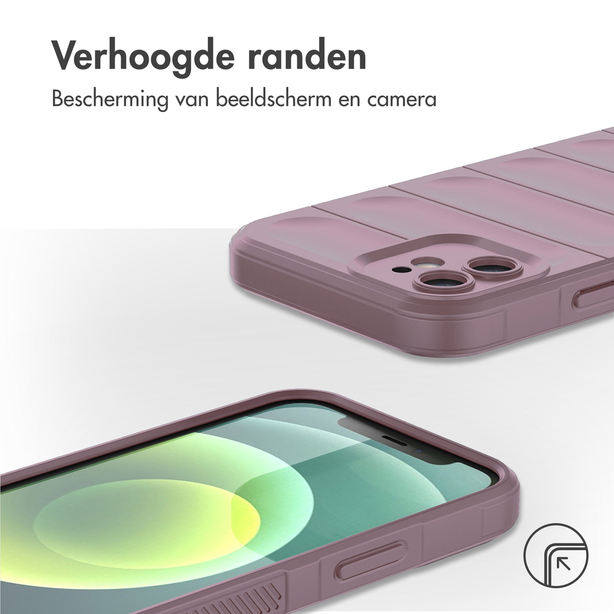 Paarse telefoonhoes en telefoon. De hoes heeft lijnen. Tekst 'Verhoogde randen'.
